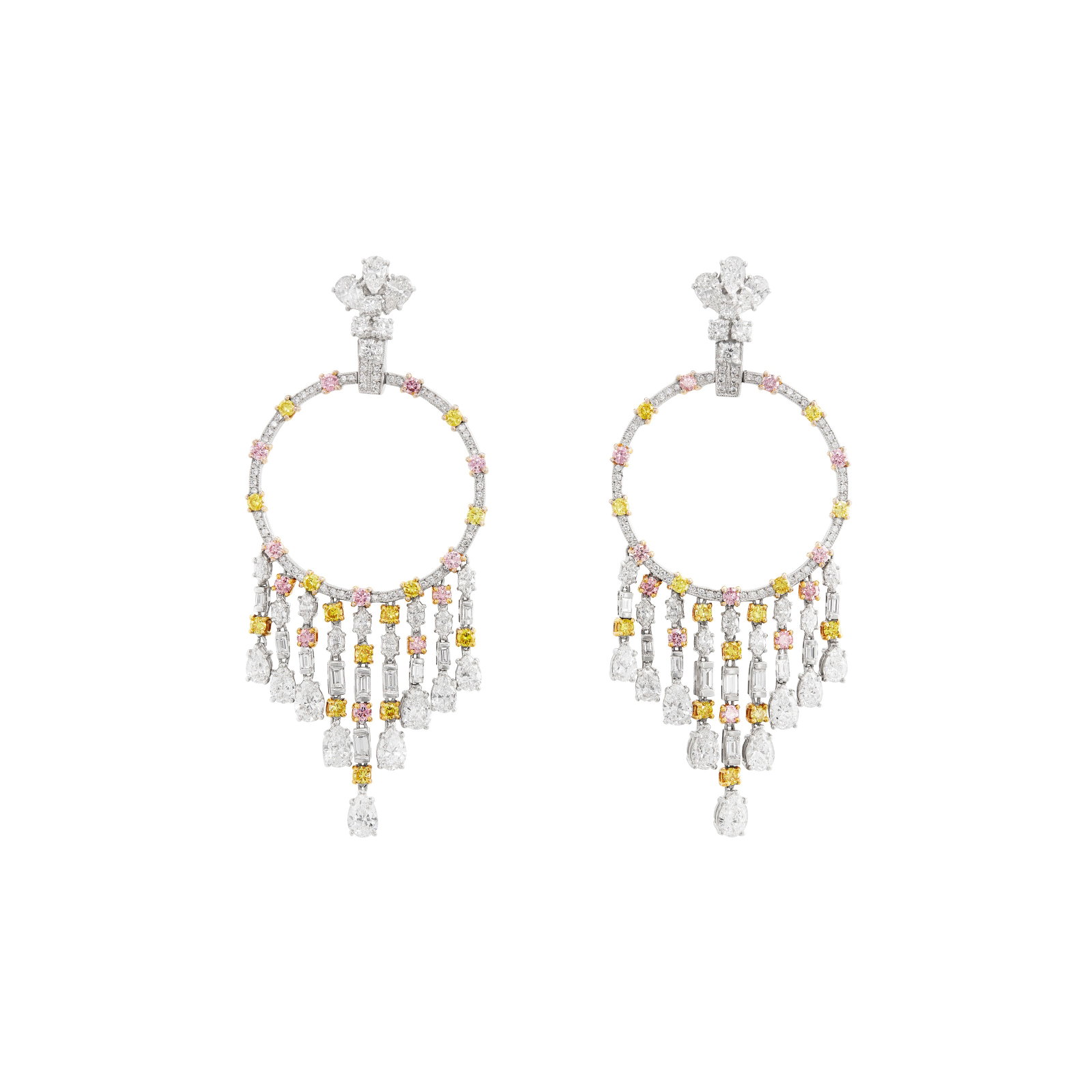 GRAFF COLORED DIAMOND AND DIAMOND ‘GYPSY' EARRINGS: Details Round colored diamonds of yellow and pink hues, pear, marquise, baguette and round diamonds, white gold, signed Graff, numbered Colored diamonds (yellow): 28 round with an approximate total
