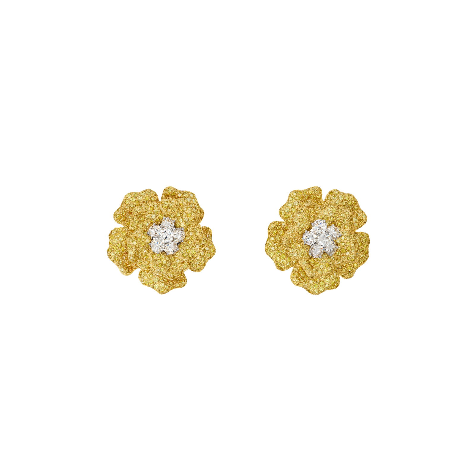 GRAFF COLORED DIAMOND AND DIAMOND FLOWER EARRINGS: Details Round yellow colored diamonds, round diamonds, 18k yellow gold, signed Graff Colored diamonds: approximately 644 round with an approximate total weight of 11.00 – 12.00 carats Diamonds: