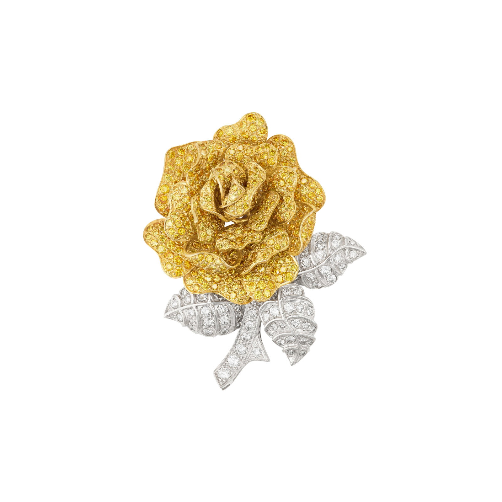 GRAFF COLORED DIAMOND AND DIAMOND FLOWER BROOCH: Details Round yellow colored diamonds and diamonds, 18k yellow and white gold, signed Graff, numbered Colored diamonds: approximately 498 round with an approximate total weight of 7.25 – 7.75