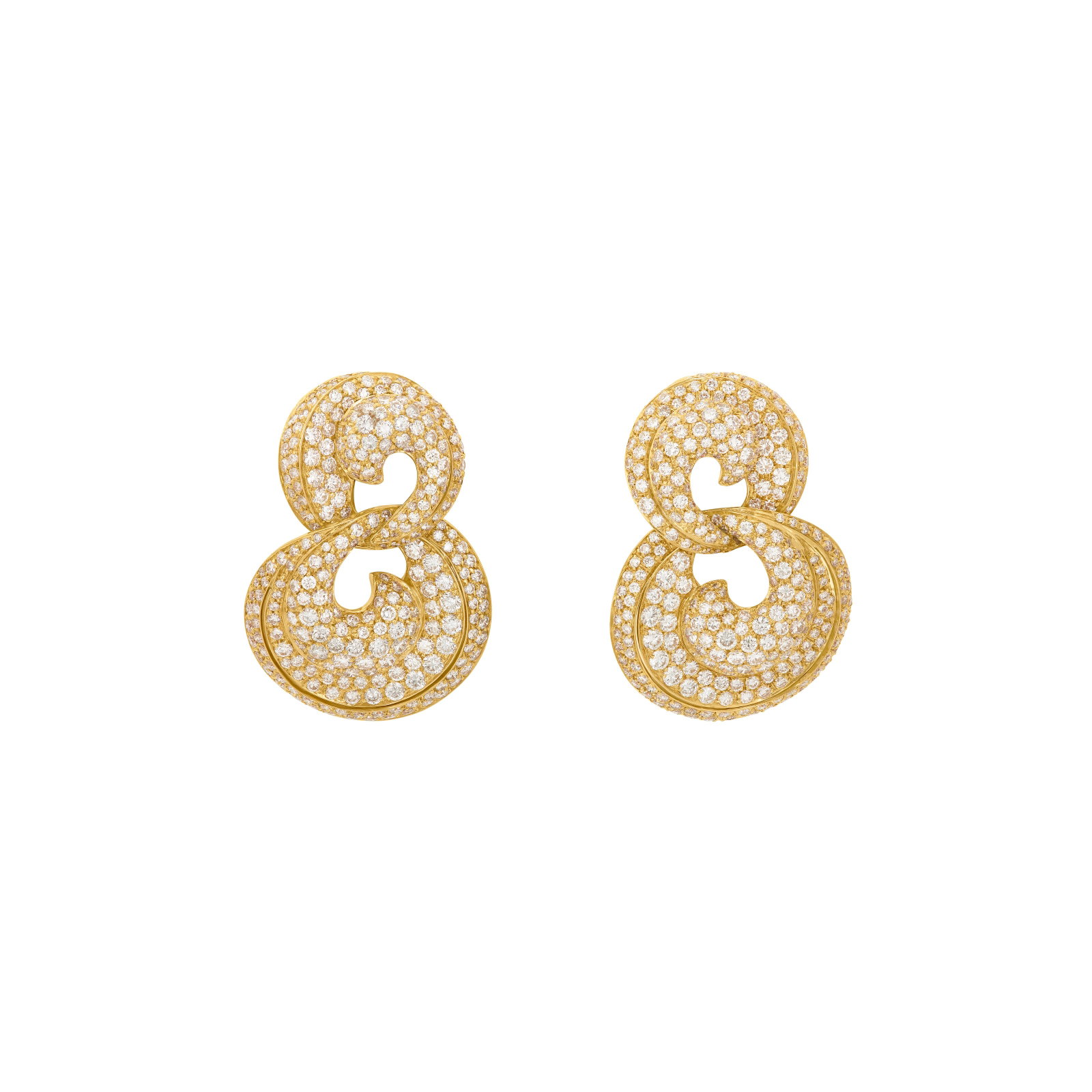 BOUCHERON DIAMOND EARRINGS: Details Round diamonds, 18k yellow gold (French mark), signed Boucheron, numbered, maker's mark Diamonds: approximately 360 round with an approximate total weight of 9.50 - 10.00 carats