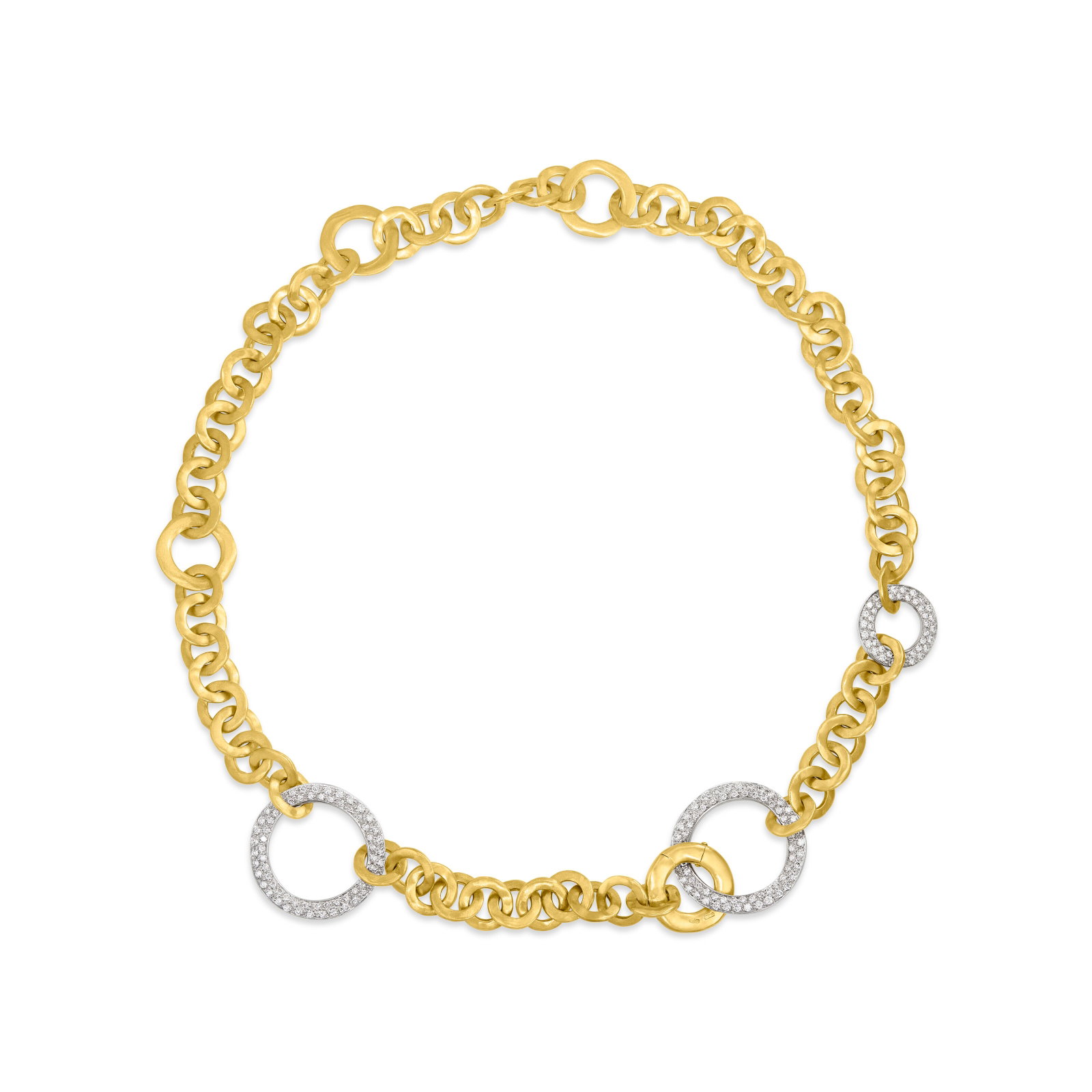 POMELLATO DIAMOND AND GOLD LINK NECKLACE: Details Round diamonds, 18k yellow gold (Italian mark), signed Pomellato Diamonds: with approximate total weight of 1.75 - 2.00 carats Size/Dimensions: 43.2 cm (17 in) Gross Weight: 75.9 grams