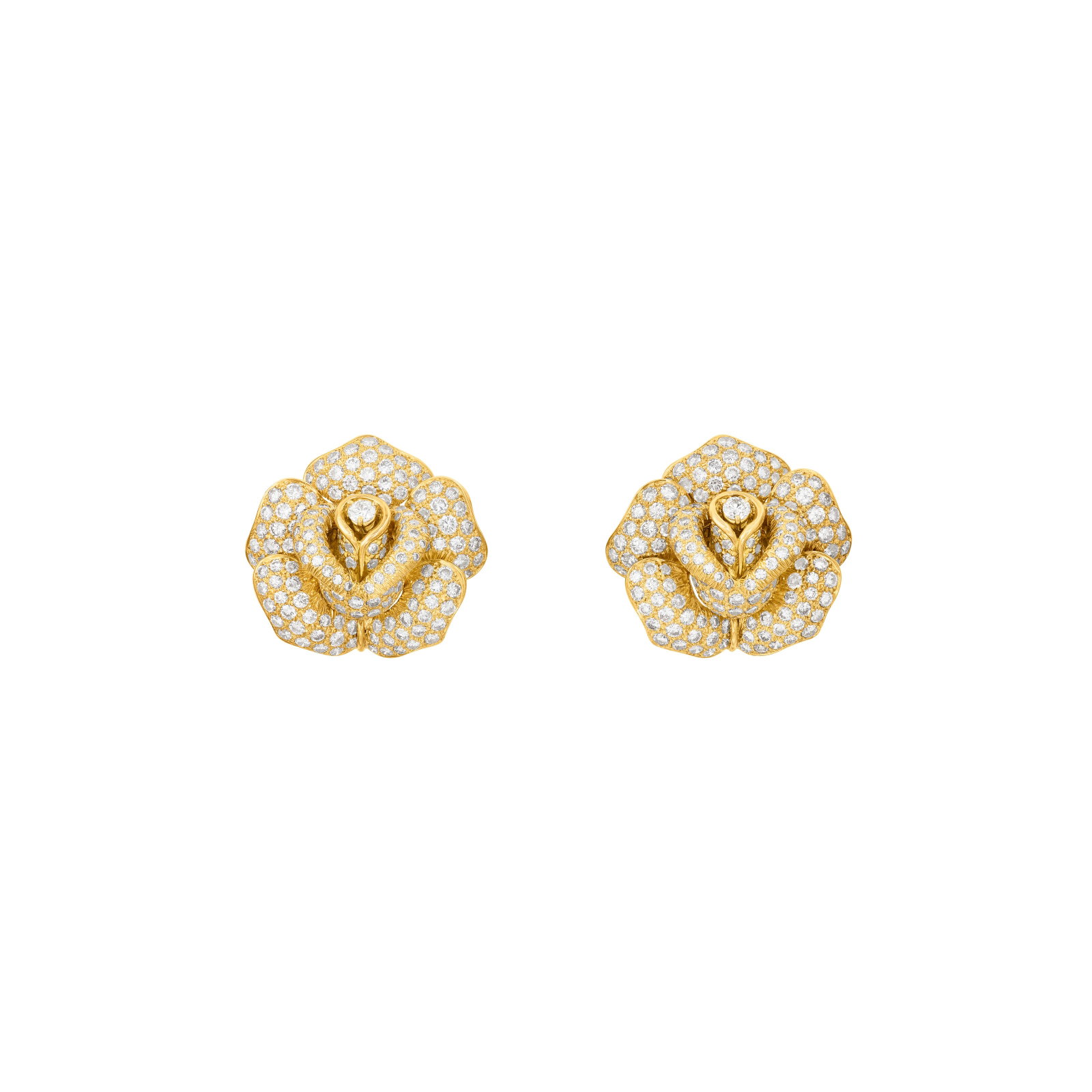 GIOVANE DIAMOND FLOWER EARRINGS: Details Designed as flowers, round diamonds, 18k yellow gold, signed Giovane, numbered Diamonds: 364 round with an approximate total weight of 8.00 – 8.50 carats Size/Dimensions: 2.8 cm