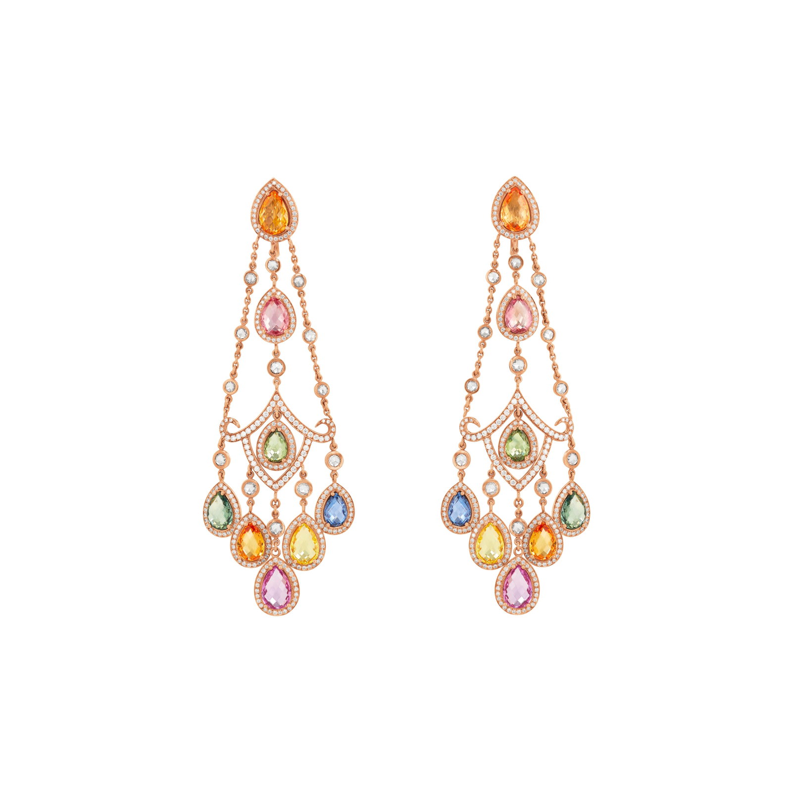 CHOPARD COLORED SAPPHIRE, SAPPHIRE AND DIAMOND CHANDELIER EARRINGS: Details Pear-shaped rose-cut blue, pink, orange, yellow and green sapphires, round and rose-cuts diamonds, 18k yellow gold, signed Chopard Sapphire and colored sapphires: 16 pear-shaped rose-cut with