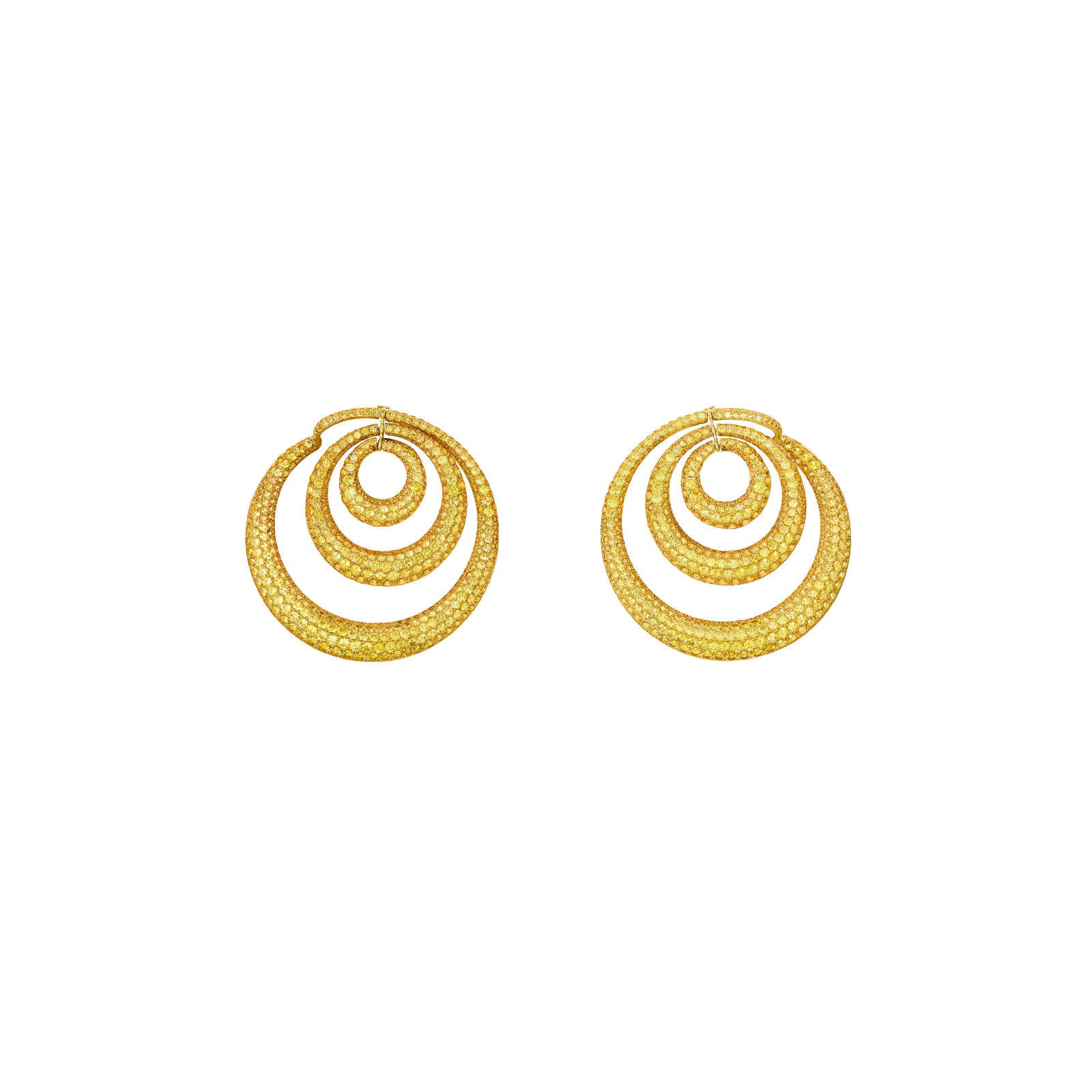 CHOPARD COLORED SAPPHIRE HOOP EARRINGS: Details Round yellow sapphires, 18k yellow gold, signed Chopard, numbered Size/Dimensions: 5.0 cm (2 in) Gross Weight: 40.9 grams