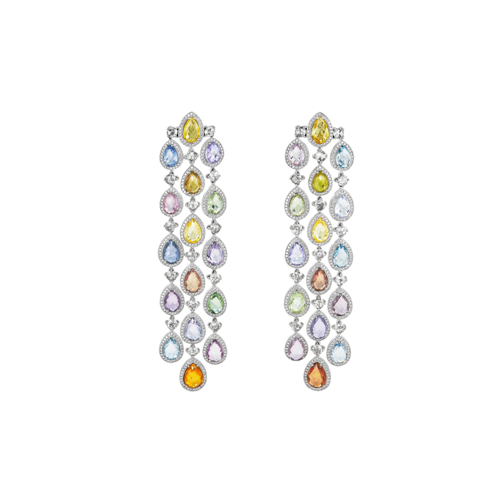 CHOPARD SAPPHIRE, COLORED SAPPHIRE AND DIAMOND EARRINGS: Details Pear-shaped rose-cut blue, yellow, purple, green, pink, orange and green sapphires, round and rose-cut diamonds, 18k white gold, signed Chopard, numbered Sapphires and colored sapphires: 32
