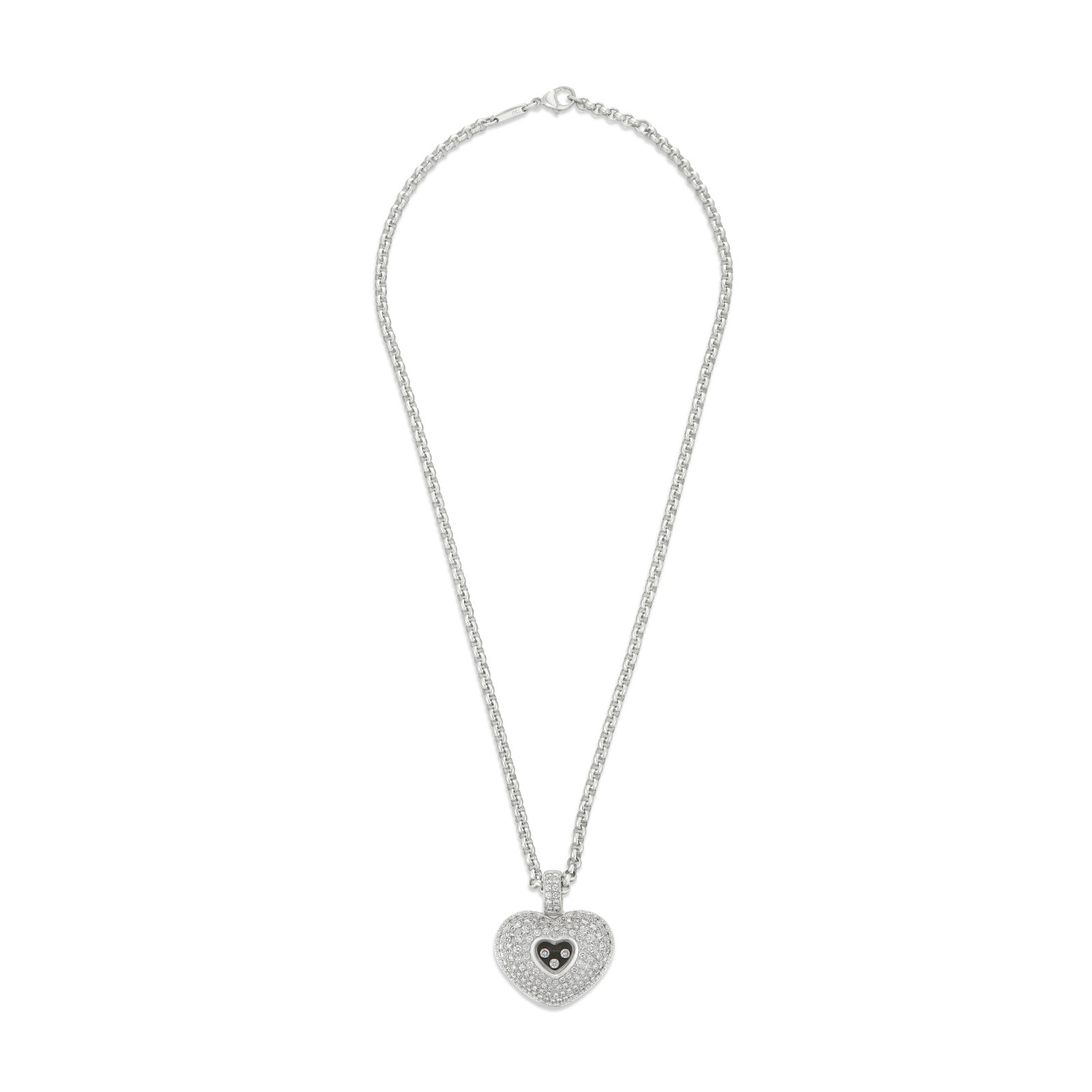 CHOPARD DIAMOND 'HAPPY HEARTS' PENDANT NECKLACE: Details Round diamonds, 18k white gold, signed Chopard, numbered Diamonds: approximately 190 round with approximate total weight 3.50 - 4.00 carats Size/Dimensions: pendant 2.5 x 2.8 cm (1 x