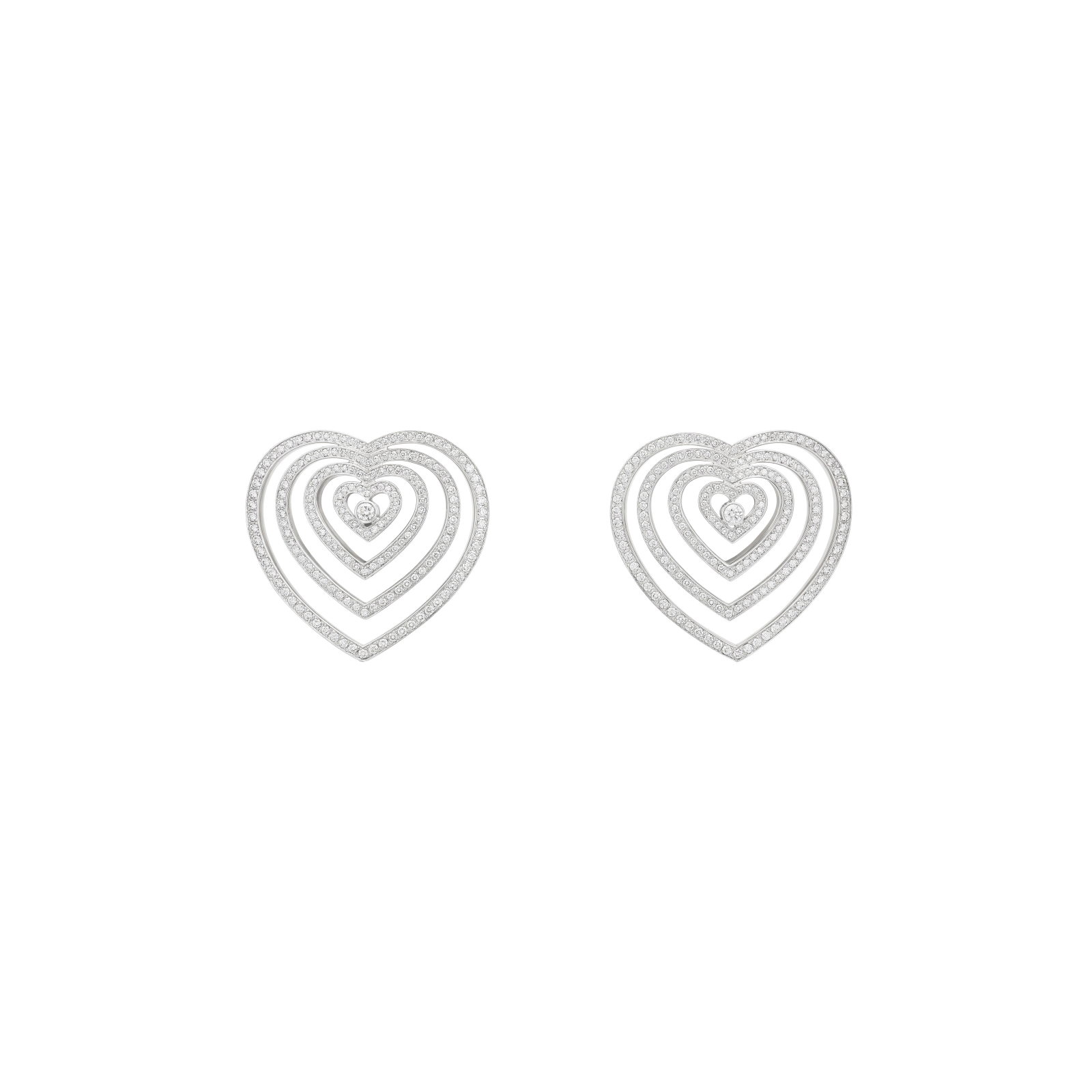 CHOPARD DIAMOND HEART EARRINGS: Details Round diamonds, 18k white gold, signed Chopard, Swiss, numbered Diamonds: with approximate total weight 2.00 - 2.50 carats Size/Dimensions: 3.1 x 3.4 cm (11⁄4 x 13⁄8 in) Gross