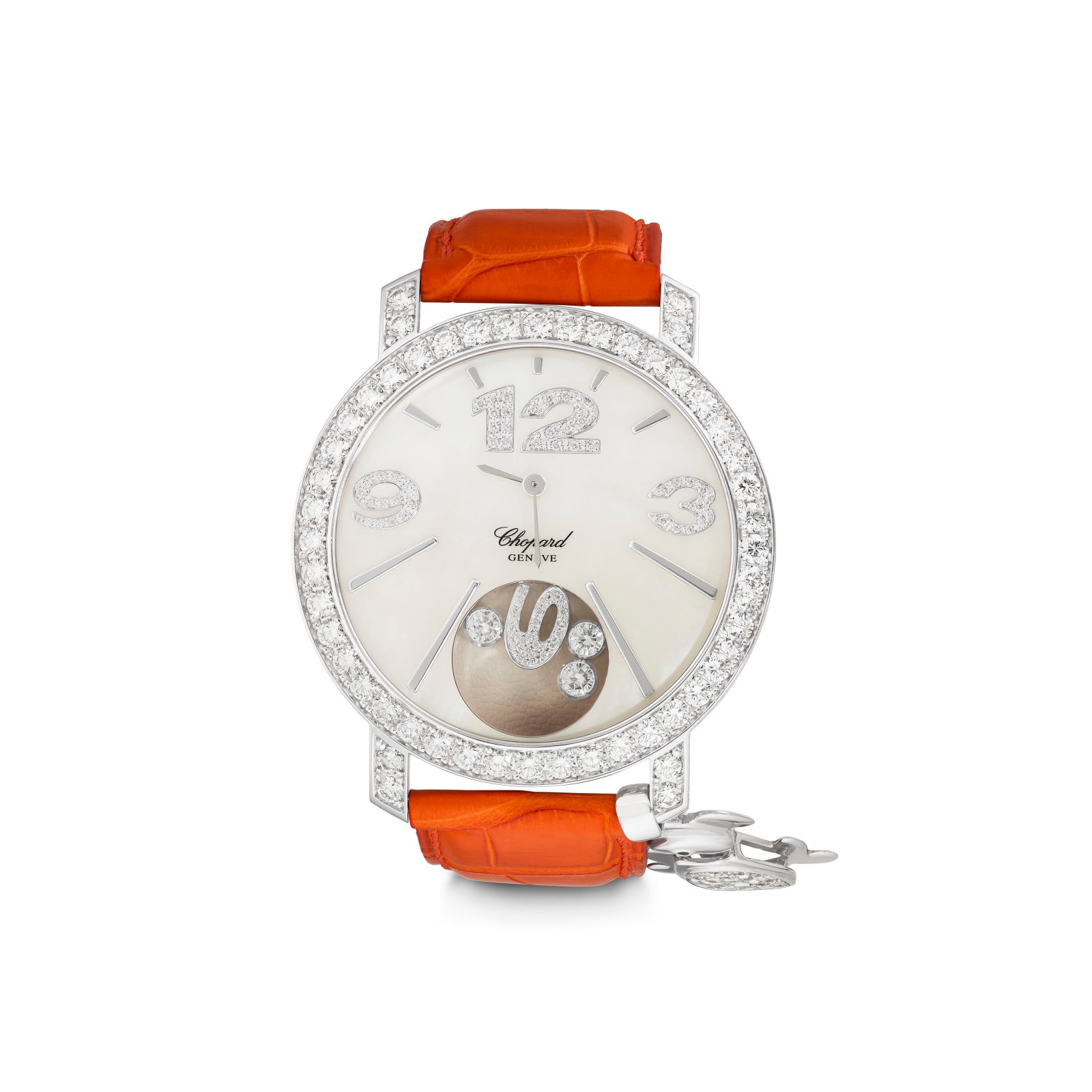 CHOPARD MOTHER-OF-PEARL AND DIAMOND 'HAPPY DIAMONDS' WRISTWATCH: Details Quartz movement, mother-of-pearl plaque, round diamonds, 18k white gold (Swiss marks), signed Chopard, Geneve, numbered, accompanied by a dog motif charm of round diamonds, 18k white gold (Ita