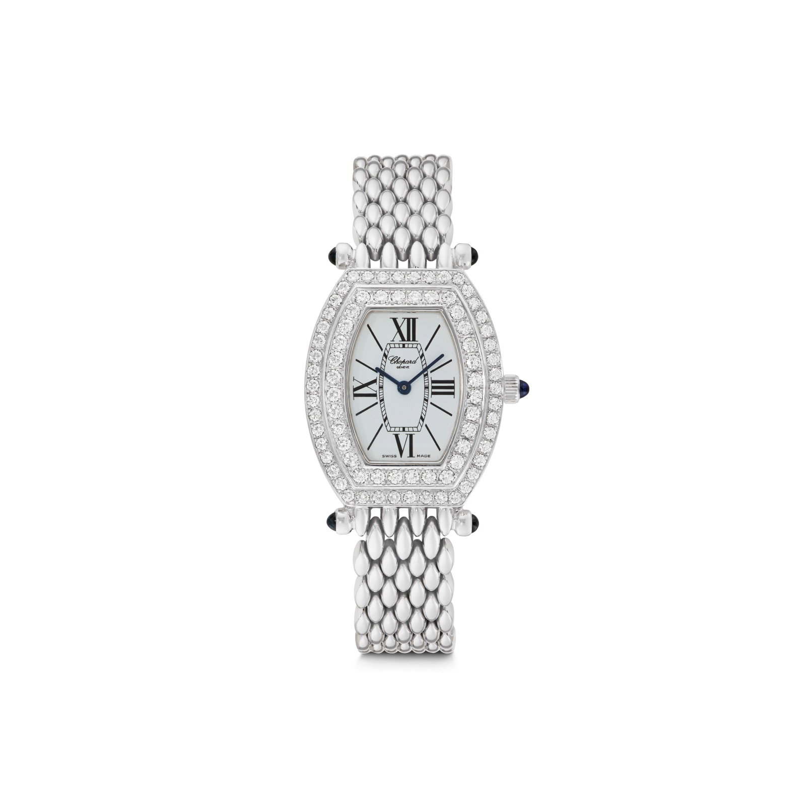 CHOPARD DIAMOND AND SAPPHIRE 'LES CLASSIQUE' WRISTWATCH: Details Quartz movement, round diamonds, round cabochon sapphires, 18k white gold (Swiss mark), signed Chopard, Geneve, Swiss Made, numbered Diamonds: with approximate total weight 2.00 - 2.50 carats 