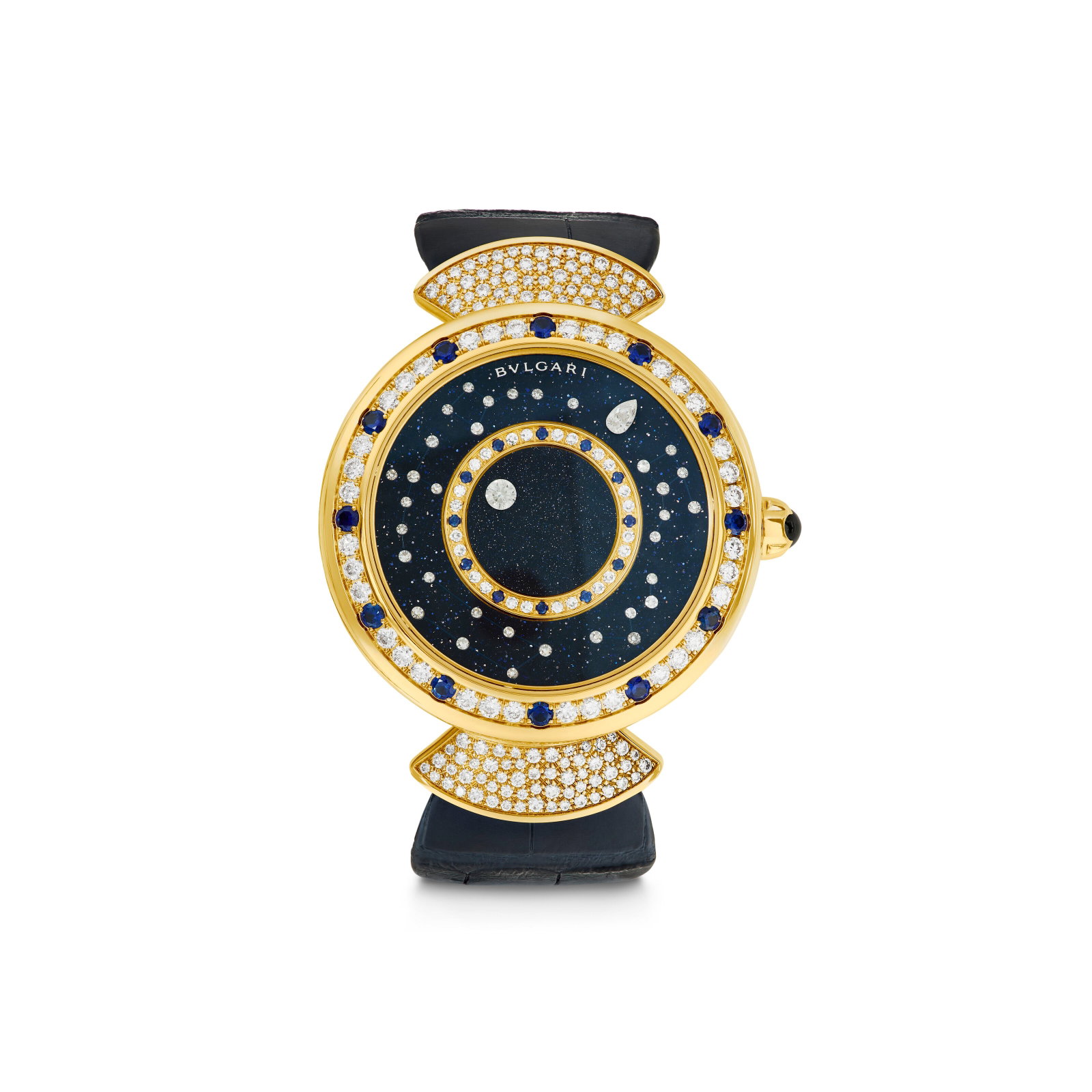 BULGARI SAPPHIRE, AVENTURINE AND DIAMOND 'DIVAS' DREAM' WRISTWATCH: Details Automatic movement, round sapphires and sapphire cabochon, blue aventurine plaques, pear, round and single-cut diamonds, 18k rose gold (Swiss marks), signed Bvlgari, FABRIQUE EN SUISSE, number