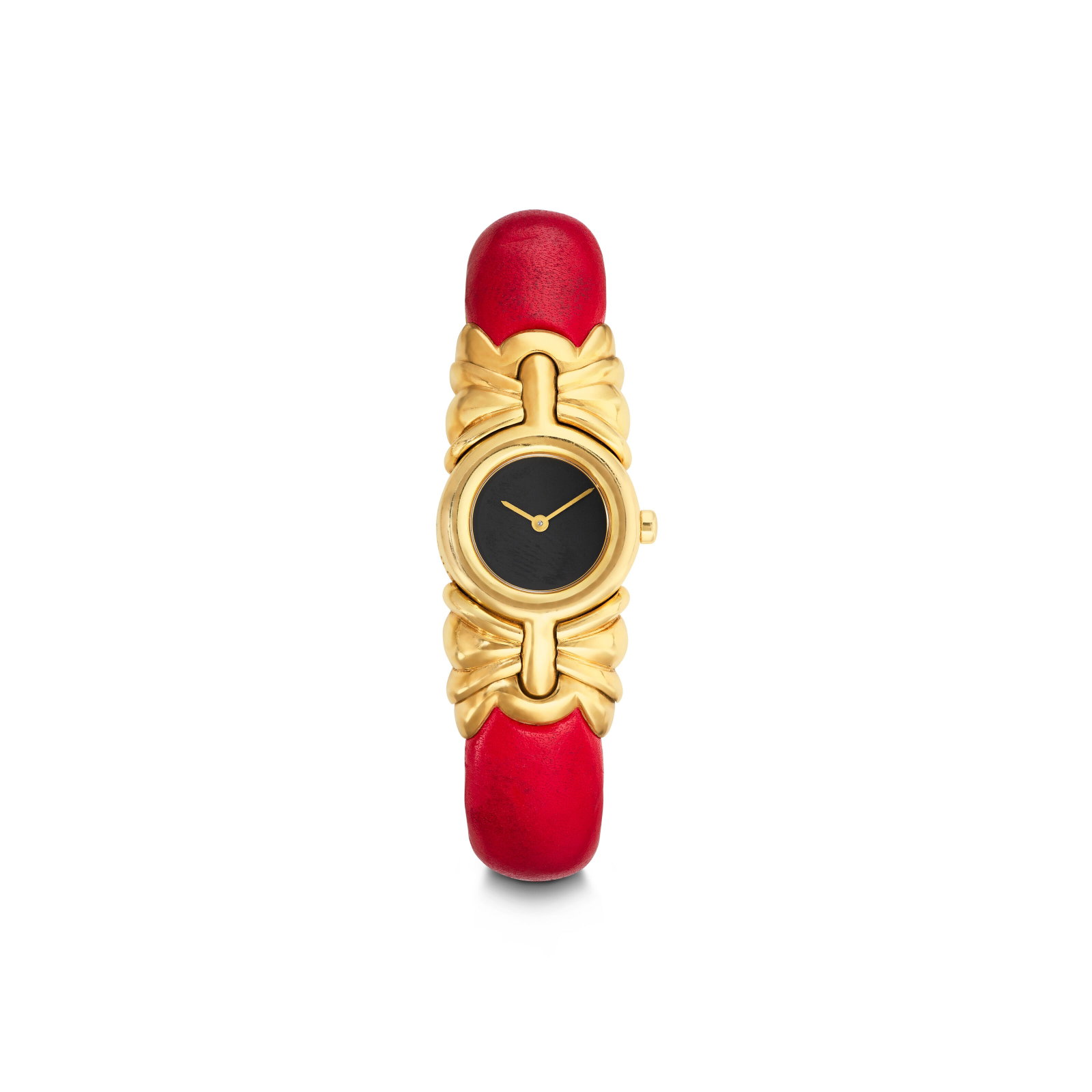 BULGARI GOLD 'ANTALYA' WRISTWATCH: Details Quartz movement, 18k yellow gold, red leather interchangeable bands, signed Bulgari, Fabrique En Suisse, numbered, maker's mark Size/Dimensions: case 20.4 mm; inner circumference 15.2 cm (6 in