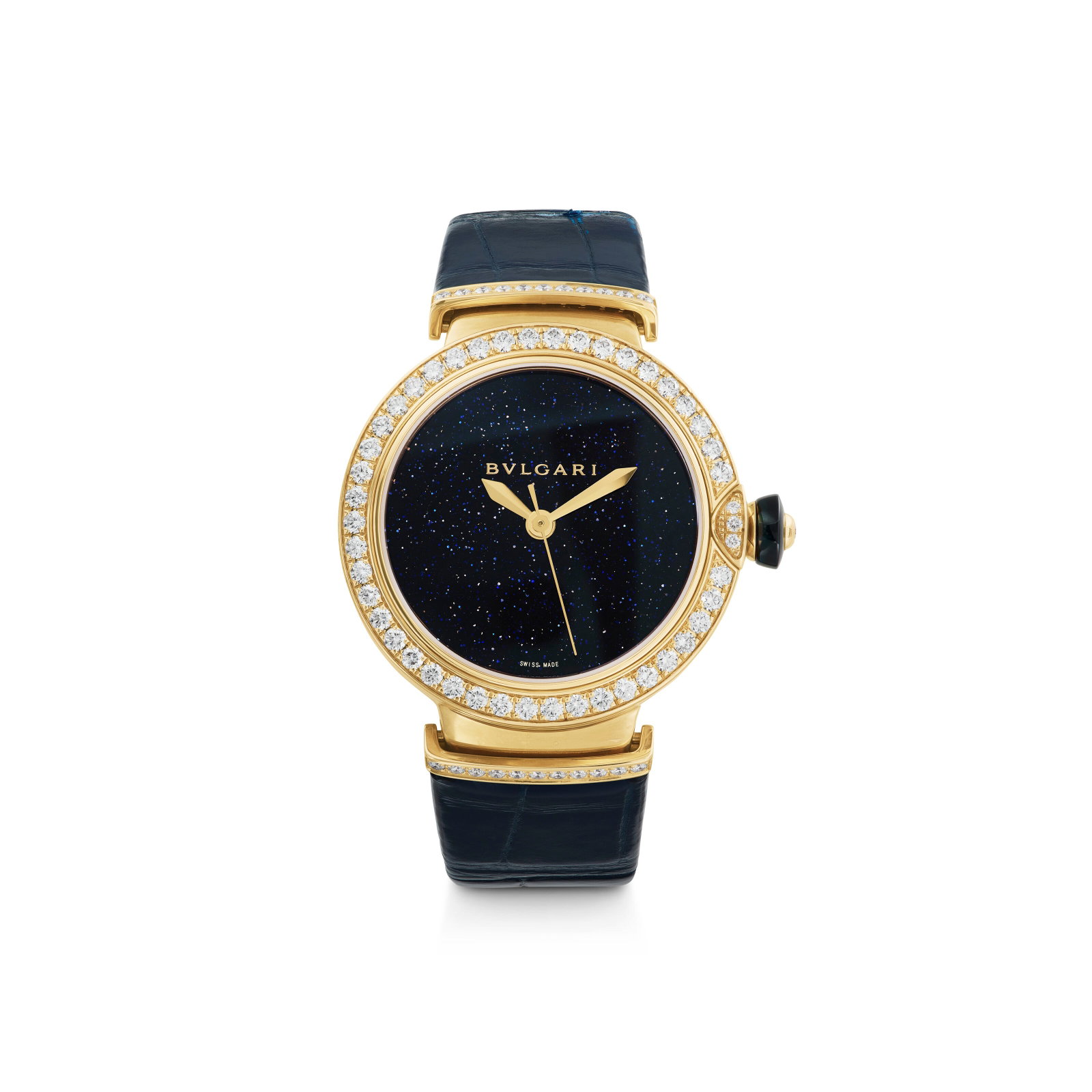 BULGARI DIAMOND AND SAPPHIRE 'LVCEA' WRISTWATCH: Details Automatic movement, round diamonds, sapphire rondelle, blue leather strap, 18k rose gold (Swiss mark), signed Bvlgari, Fabrique en Suisse, case numbered, leather strap numbered Diamonds: with 