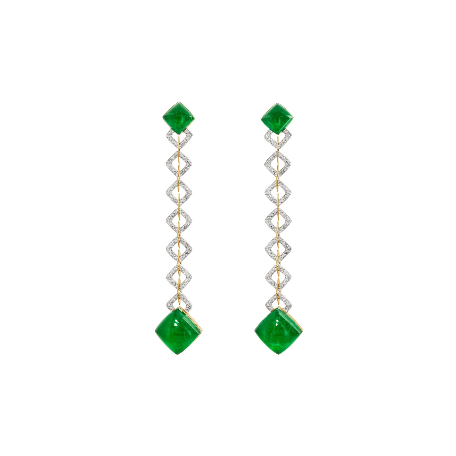 VHERNIER ROCK CRYSTAL, JADE AND DIAMOND 'PAN DI ZUCCHERO' EARRINGS: Details Pyramidal cabochon rock crystal, jade plaques, 18k white gold (Italian marks), signed Vhernier Diamonds: with approximate total weight of 1.00 - 1.10 carats Size/Dimensions: 8.2 cm (31⁄4