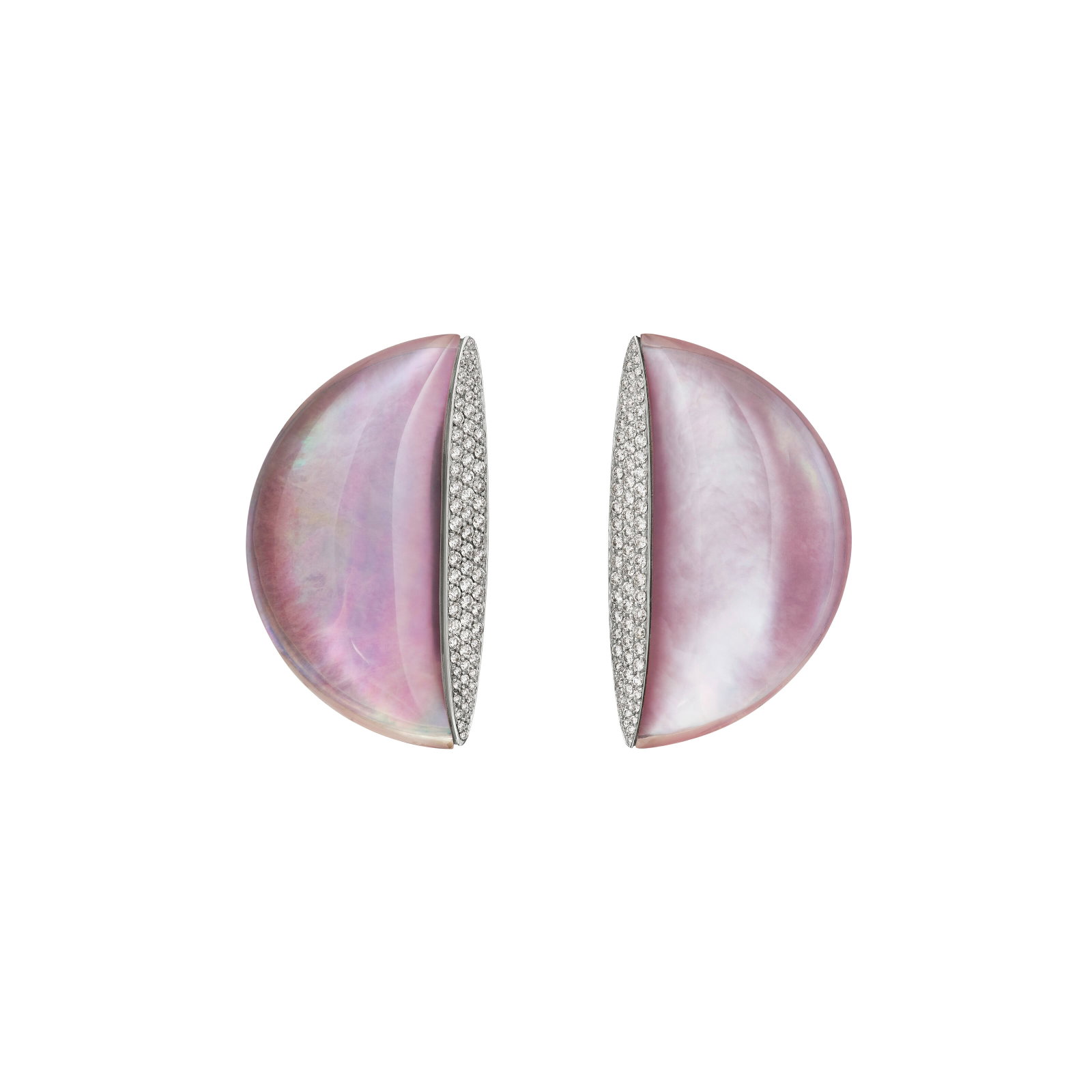 VHERNIER MULTI-GEM AND DIAMOND 'ECLISSE' EARRINGS: Details Carved rock crystal cabochons, mother-of-pearl and rhodonite plaques, round diamonds, 18k white gold (Italian marks), signed Vhernier, numbered Vhernier: Copy of Invoice Diamonds: with approxi