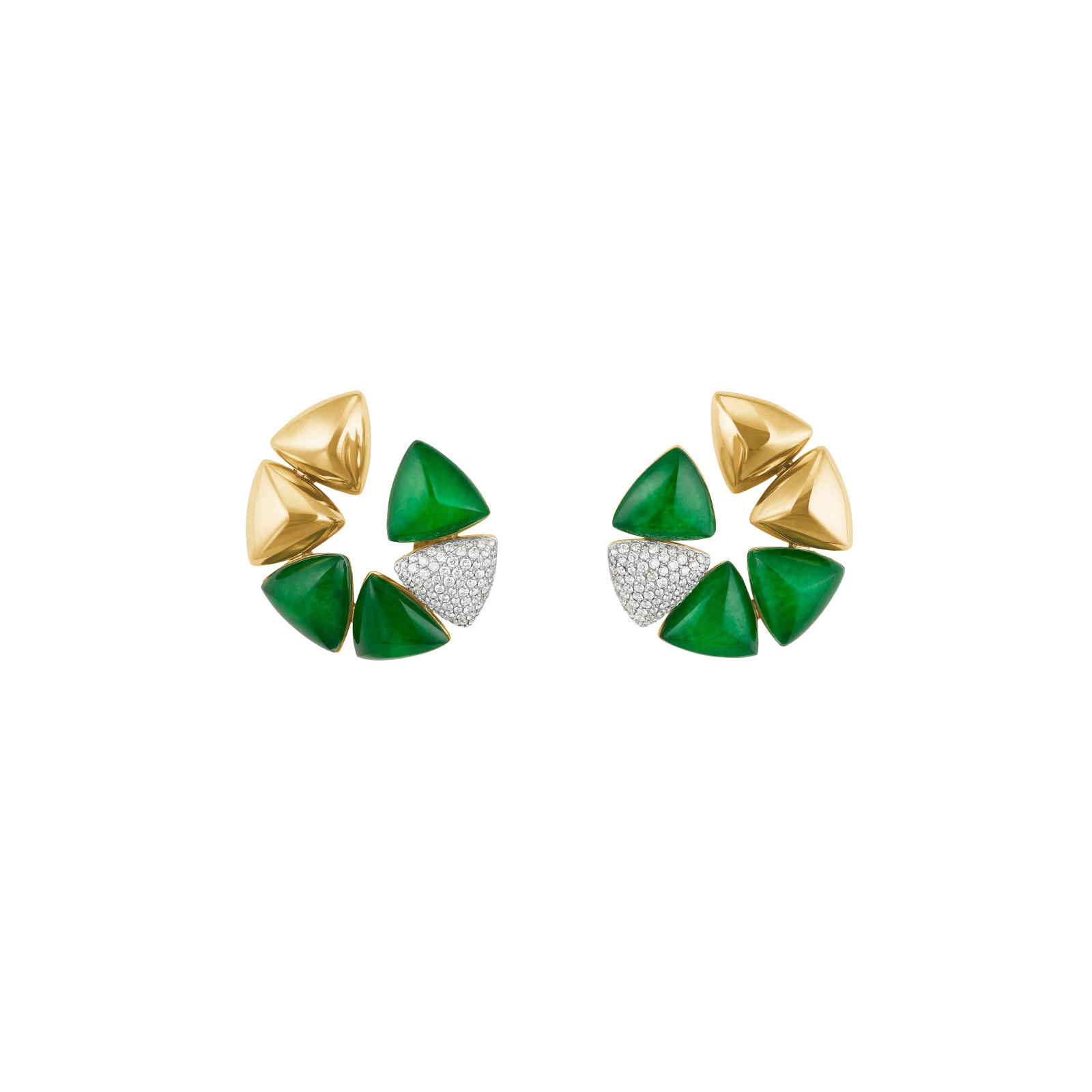 VHERNIER ROCK CRYSTAL, JADE AND DIAMOND 'FRECCIA' EARRINGS: Details Round diamonds, pyramidal cabochon rock crystal, jade plaques, 18k yellow and white gold (Italian marks), signed Vhernier, numbered Size/Dimensions: 2.8 x 2.8 cm (11⁄8 x 11⁄8 in) G