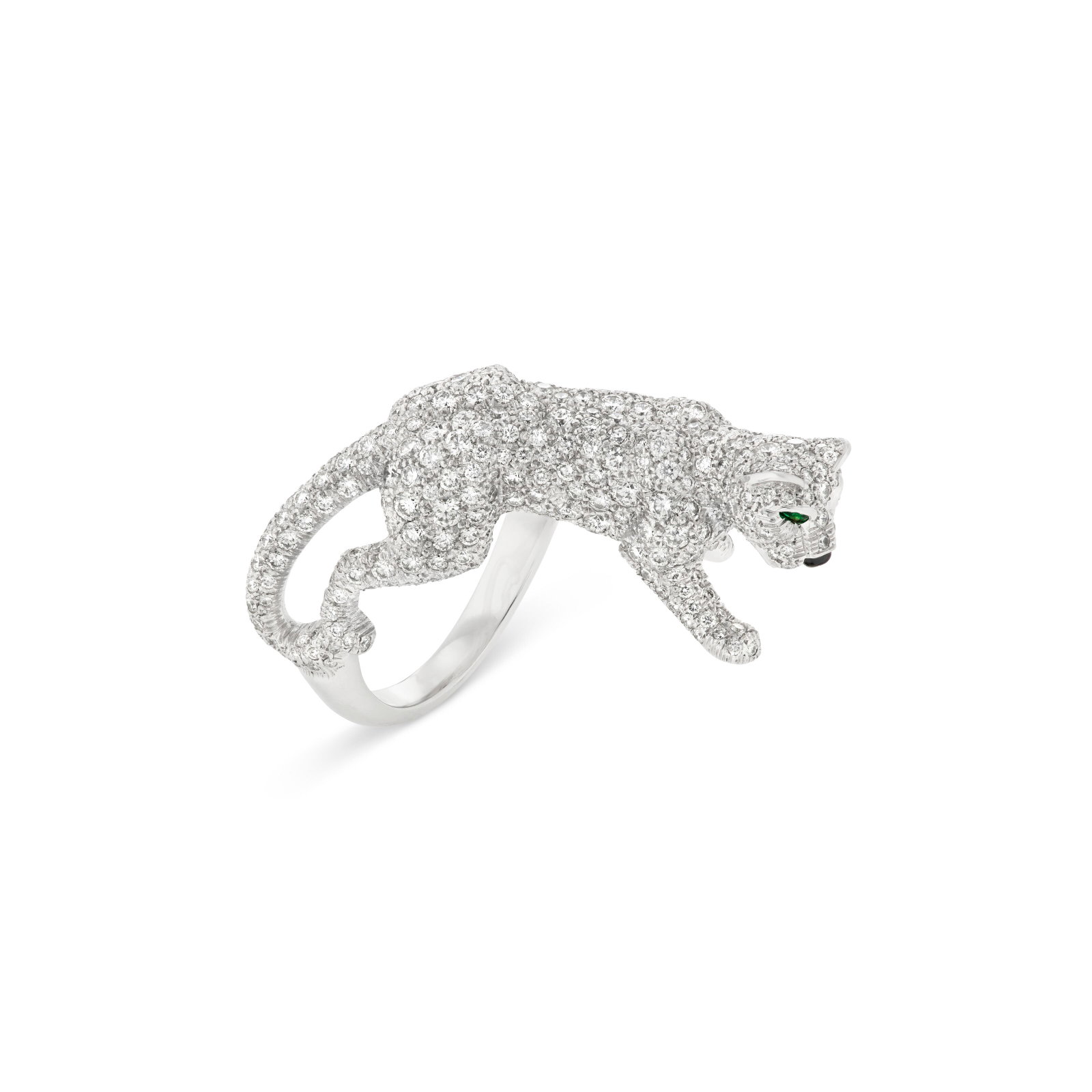 CARTIER DIAMOND, EMERALD AND ONYX 'WALKING PANTHÈRE' RING: Details Round diamonds, pear-shaped emeralds, carved onyx plaque, 18k white gold (French mark), signed Cartier, maker's mark (S. Belter), numbered Diamonds: approximately 250 round with an approximate