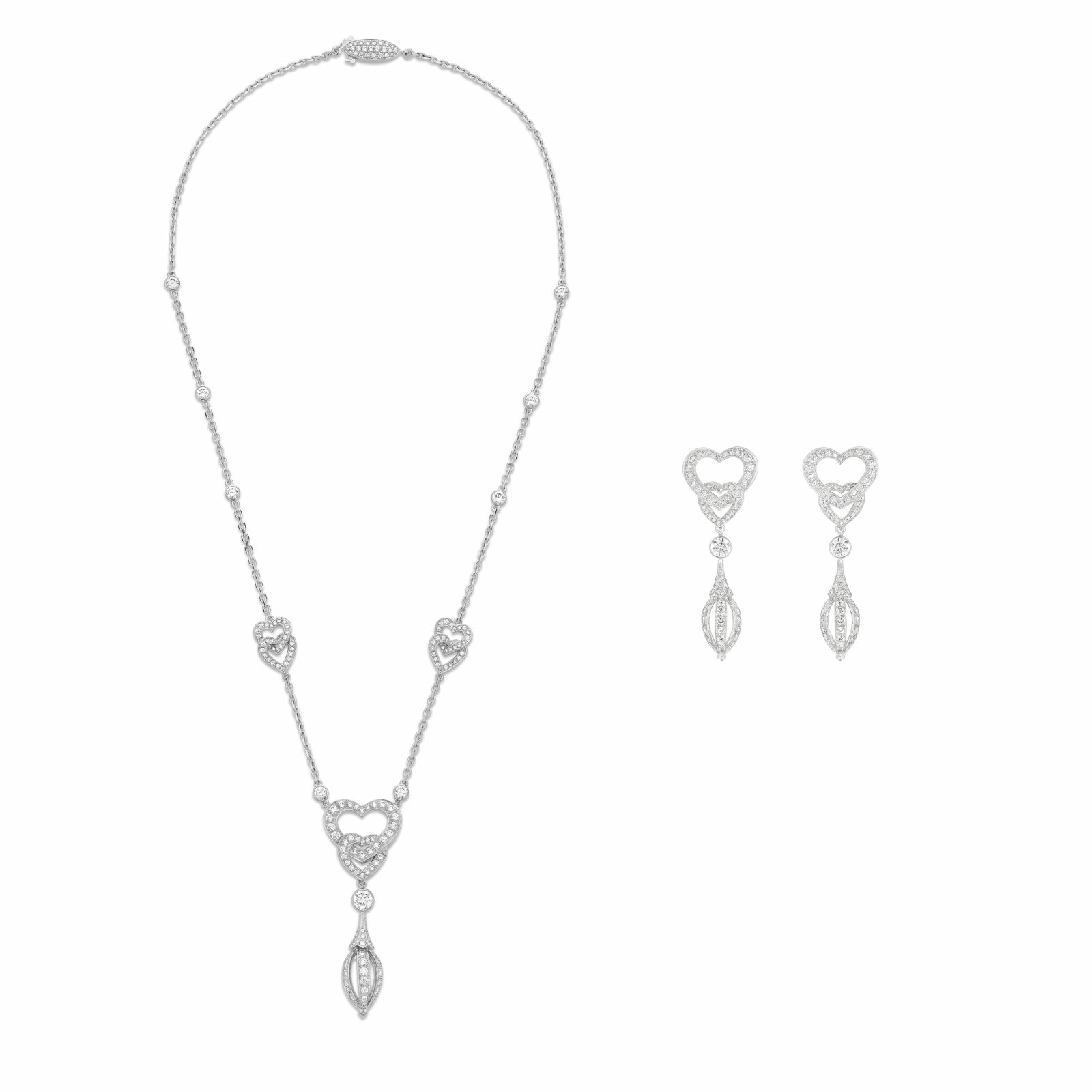 CARTIER SET OF DIAMOND JEWELRY: Details Round and reverse-set diamonds, 18k white gold (each with French marks, marks on earrings heavily obscured), each signed Cartier, each with maker's mark (Société Galbert), each
