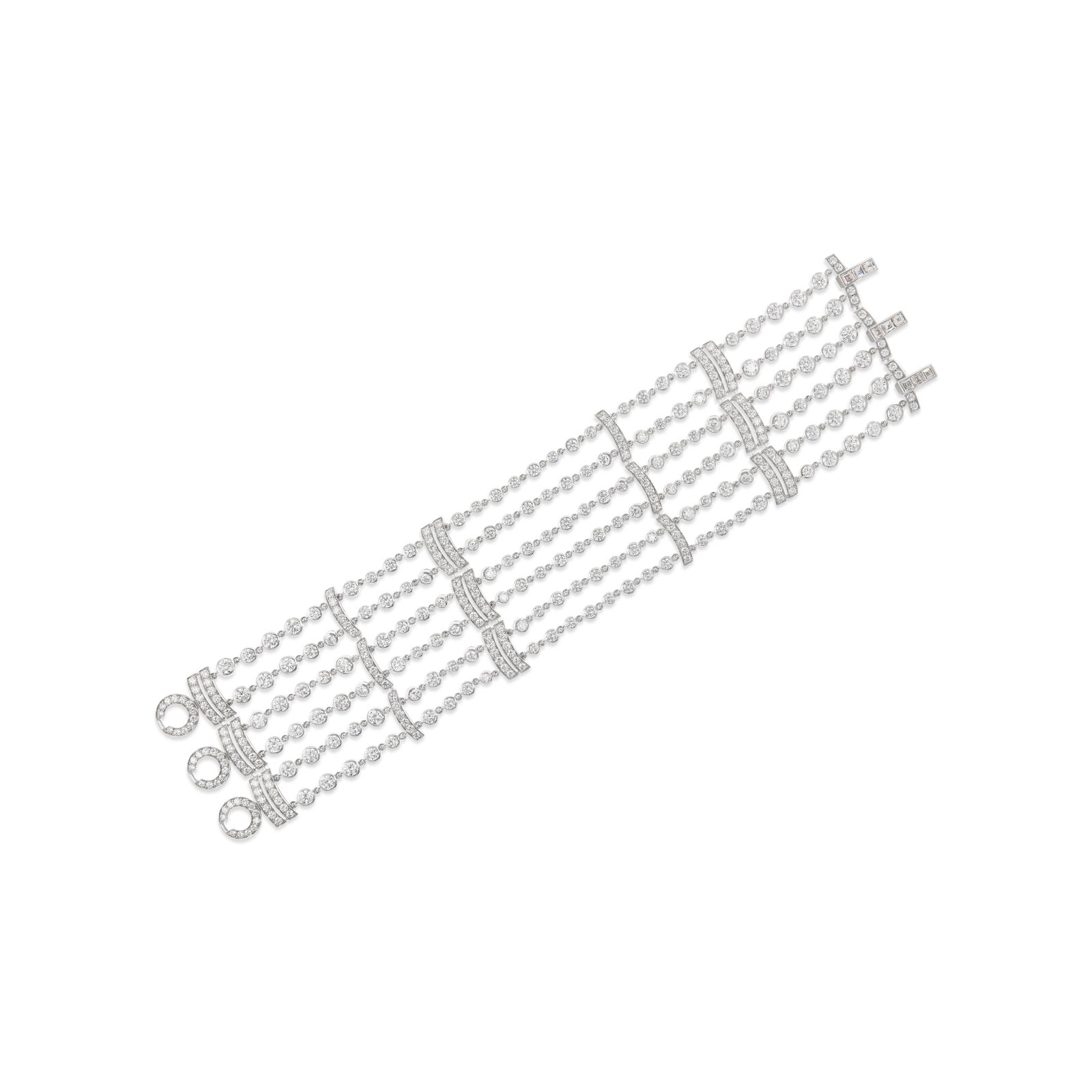 CARTIER DIAMOND 'AGRAFE' BRACELET: Details Round and square-shaped diamonds, 18k white gold (French and Swiss mark), signed Cartier, maker's mark (Société Coringer), numbered Diamonds: approximately 357 round and