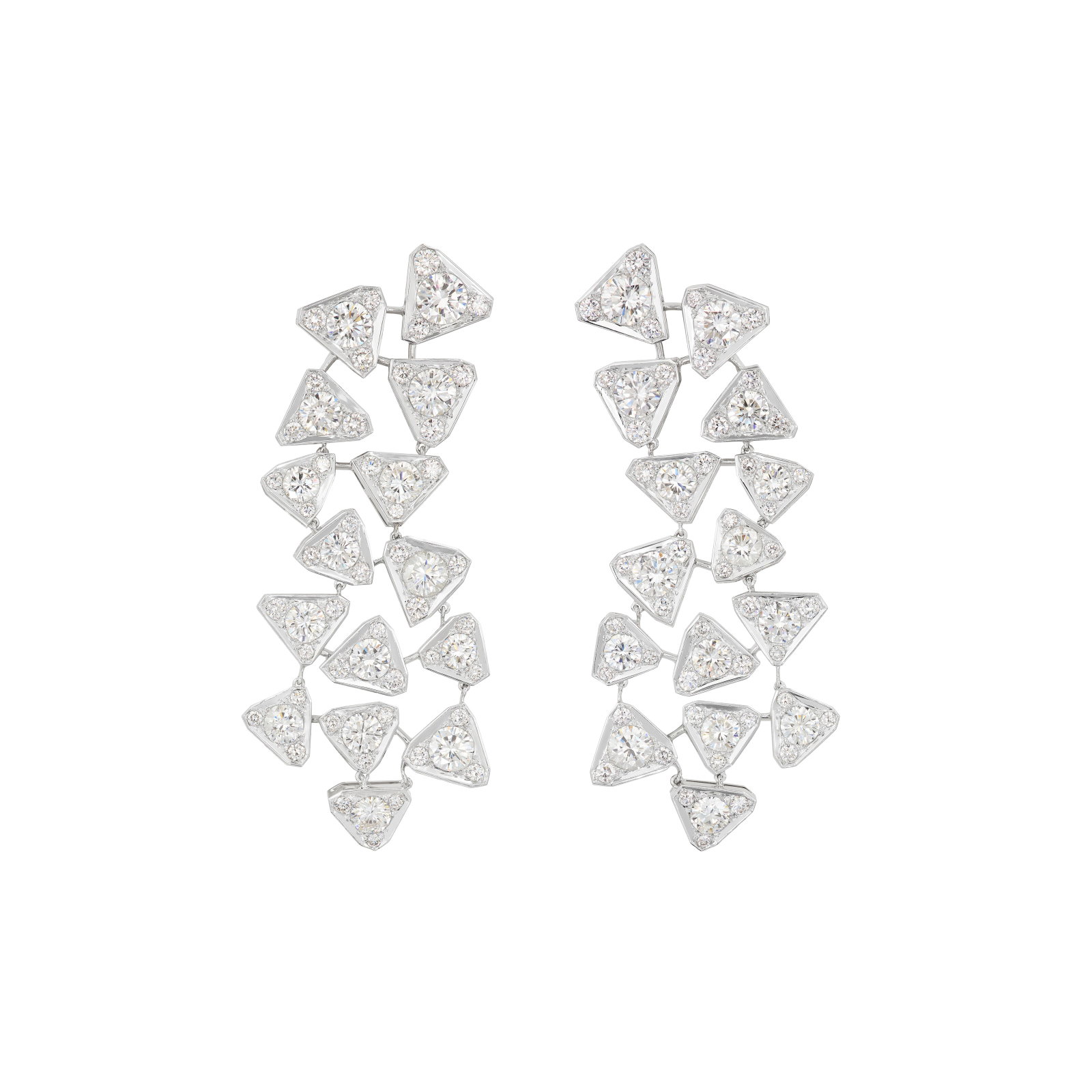CARTIER DIAMOND 'PUZZLE' EARRINGS: Details Round diamonds, 18k white gold (French mark), signed Cartier, numbered Diamonds: approximately 120 round with an approximate total weight of 11.00 - 11.50 carats Size/Dimensions: 6.3 cm (21