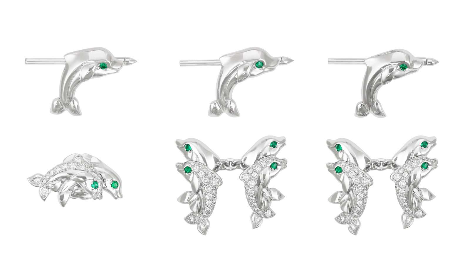 CARTIER DIAMOND AND EMERALD DOLPHIN DRESS SET: Details Comprising a pair of cufflinks, three shirt studs and one tie pin, round diamonds and emeralds, 18k white gold, each signed Cartier, each numbered Size/Dimensions: cufflink head 2.2 cm