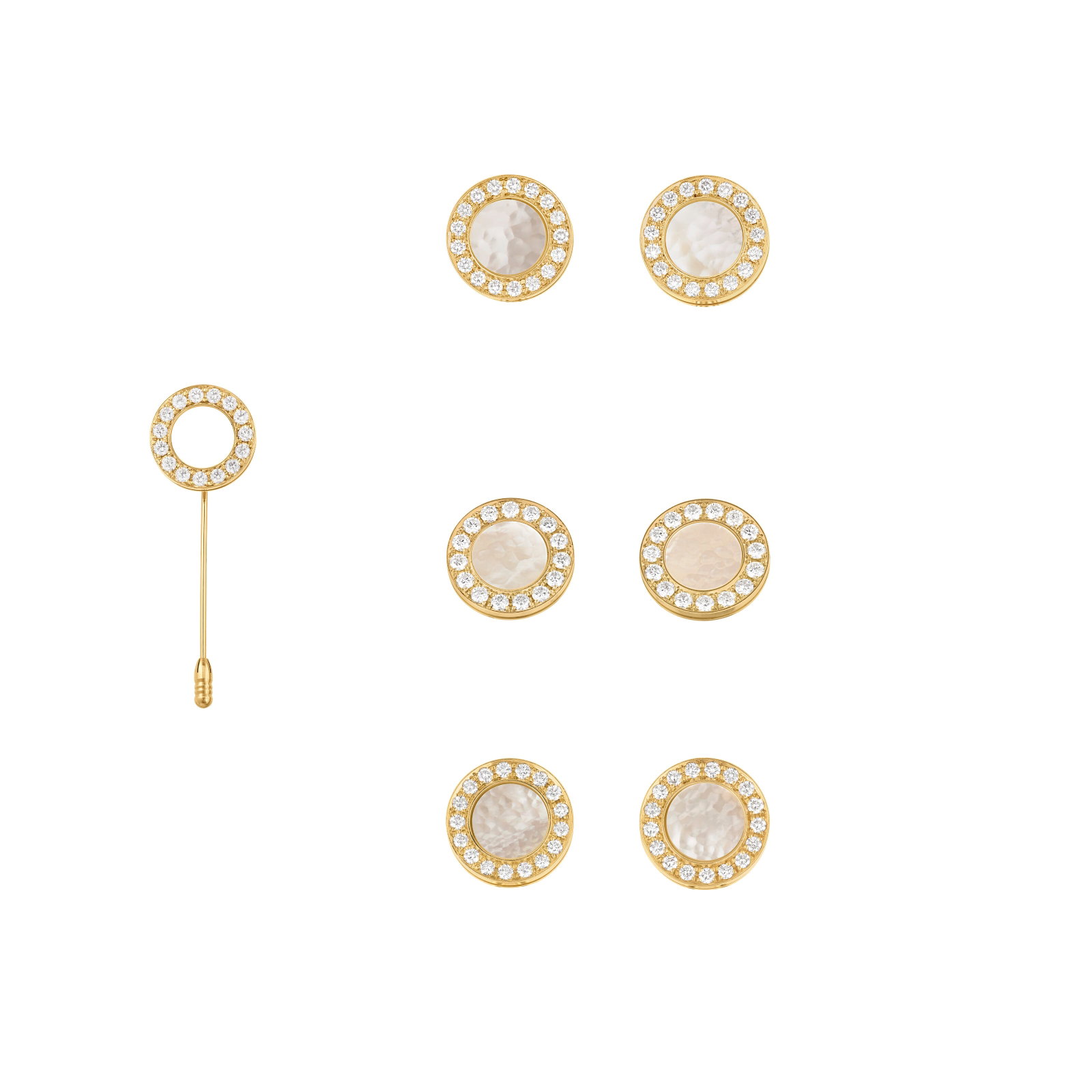 CHOPARD MOTHER-OF-PEARL AND DIAMOND DRESS SET: Details Comprising a stick pin, pair of cufflinks and shirt studs, other-of-pearl plaques, round diamonds, 18k yellow gold, each signed Chopard, each numbered Diamonds (stick pin): 15 round with an