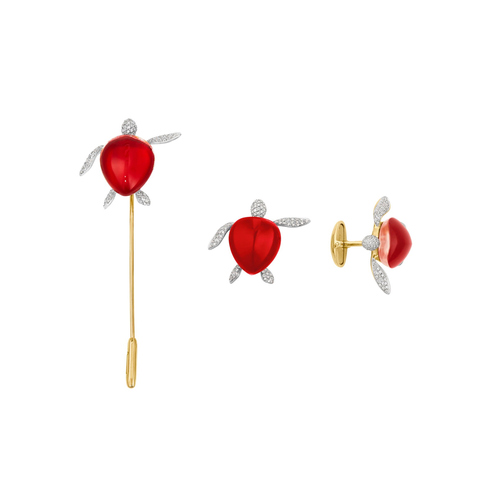 VHERNIER SET OF ROCK CRYSTAL, CARNELIAN AND DIAMOND 'TARTARUGA' JEWELRY: Details Designed as turtle motifs, pear rock crystal cabochons, round diamonds, carnelian plaques, 18k yellow gold (Italian marks), each signed Vhernier, each numbered Diamonds (stick pin):