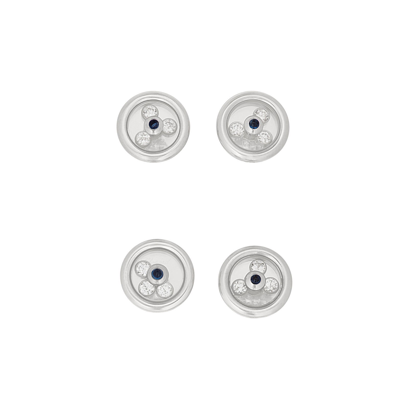 CHOPARD SAPPHIRE AND DIAMOND 'HAPPY DIAMOND' DRESS SET: Details Round diamonds, round cabochon sapphires, 18k white gold (Swiss marks, shirt studs only), each signed Chopard, each numbered Size/Dimensions: cufflink head 1.2 cm (1⁄2 in); shirt stud