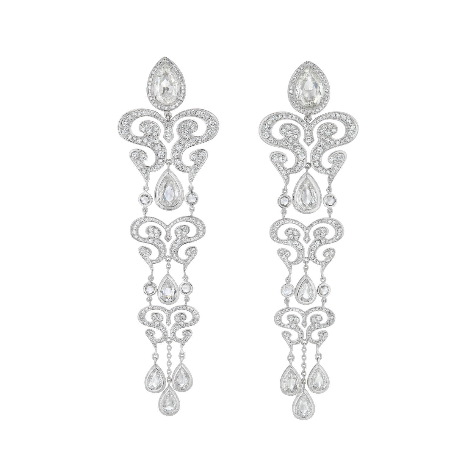 CHOPARD DIAMOND EARRINGS: Details Pear and round rose-cut diamonds, round diamonds, 18k white gold (Swiss mark), signed Chopard, numbered Diamonds: with approximate total weight 14.00 - 16.00 carats Size/Dimensions: 8.8 x 2.5