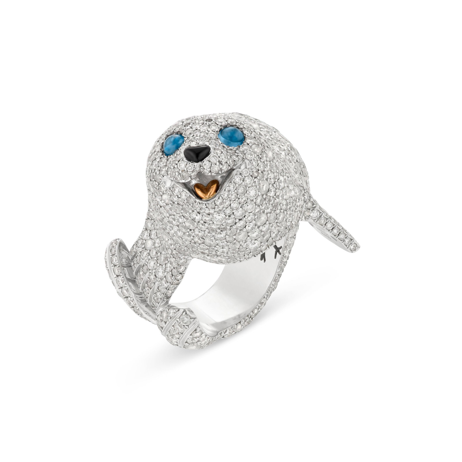 CHOPARD DIAMOND AND SAPPHIRE SEAL RING: Details Designed as a seal, round diamonds, round cabochon sapphires, carved onyx, 18k white gold (Swiss mark), signed Chopard, Swiss Made, numbered Diamonds: approximately 843 round with an