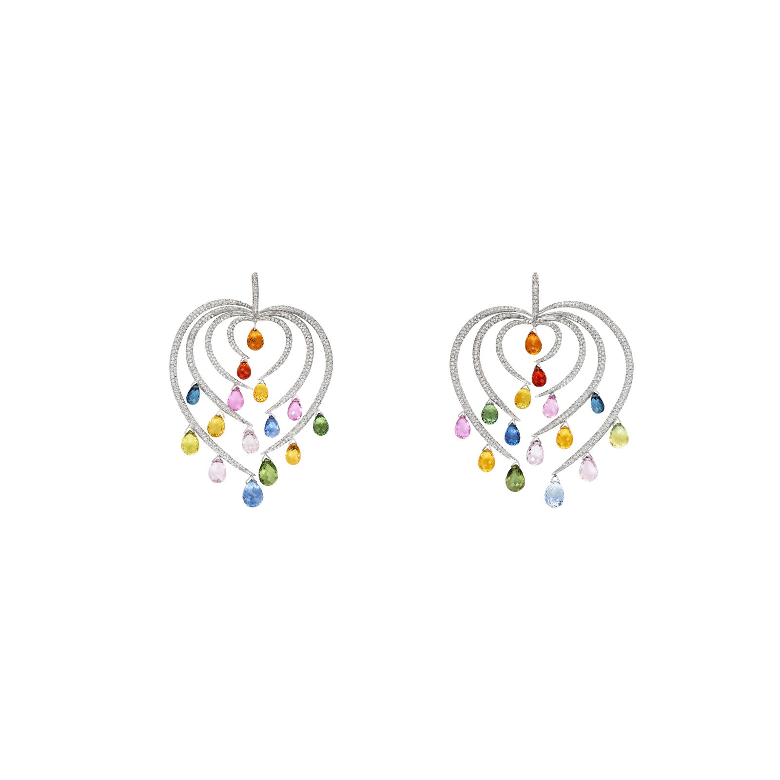 CHOPARD MULTI-GEM AND DIAMOND EARRINGS: Details Multi-colored briolette-cut blue, green, pink, yellow and orange sapphires, round diamonds, 18k white gold, signed Chopard, numbered Sapphires: six briolette with an approximate total weight