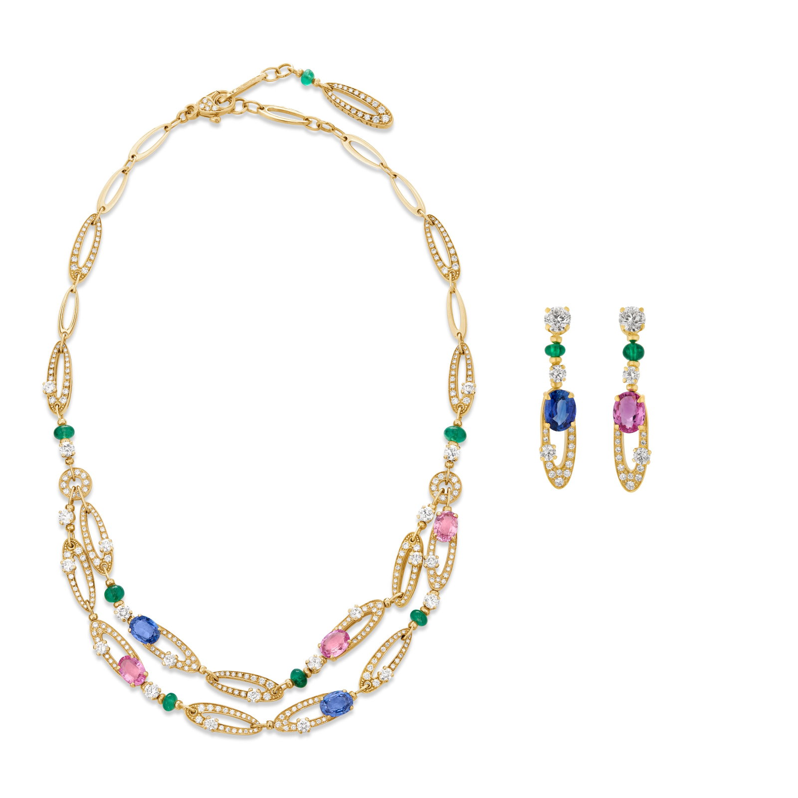 BULGARI SET OF MULTI-GEM AND DIAMOND 'ELISIA' JEWELRY: Details Oval-shaped sapphires and pink sapphires, round emerald beads, round diamonds, 18k yellow gold (each with Italian marks, earrings with Swiss mark), each signed Bvlgari, Italy, each numbered Sa