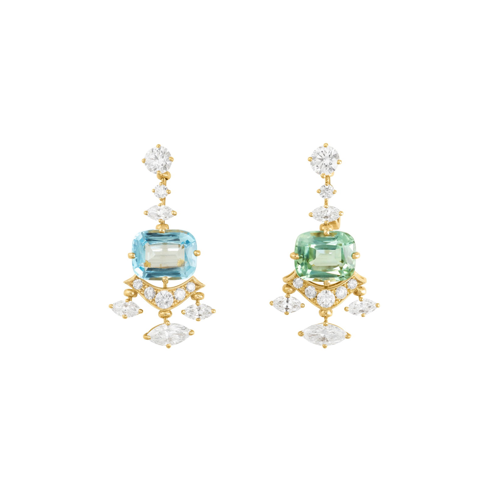 BULGARI AQUAMARINE, TOURMALINE AND DIAMOND EARRINGS: Details Cushion-shaped aquamarine and tourmaline, marquise and round diamonds, 18k yellow gold (Italian marks), signed Bvlgari, Made in Italy, numbered Aquamarine: one cushion measuring approximately 
