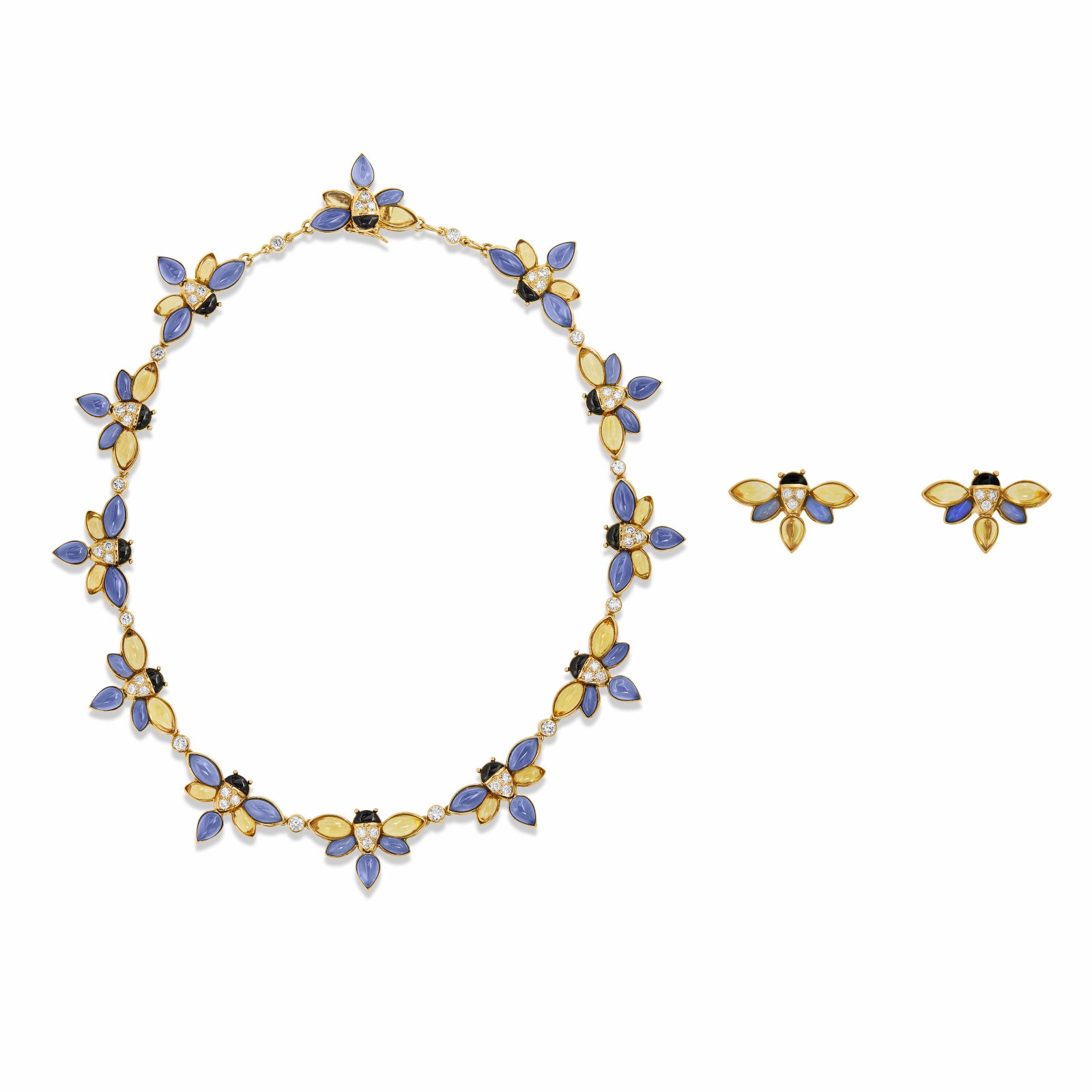 CHAUMET SET OF MULTI-GEM AND DIAMOND JEWELRY: Details Each station designed as a butterfly, marquise and pear-shaped blue chalcedony, pear-shaped citrines, half-moon-shaped onyx, round diamonds, 18k yellow gold (French marks), necklace signed Cha