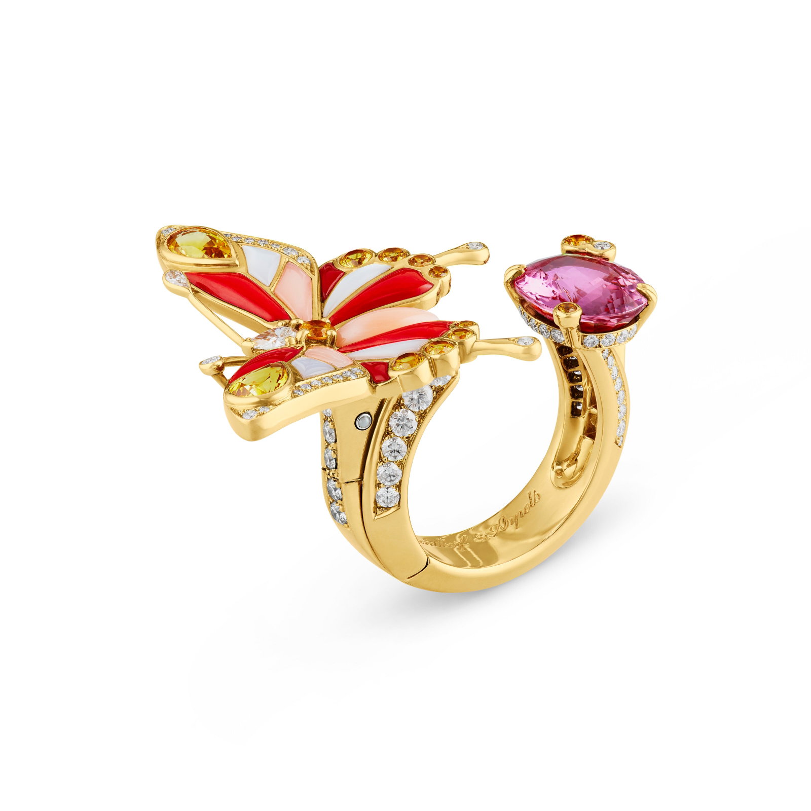 VAN CLEEF & ARPELS MULTI-GEM AND DIAMOND BUTTERFLY BETWEEN THE FINGER RING: Details Of a butterfly motif, coral, angel skin coral and mother-of-pearl plaques, oval-shaped pink sapphire, pear and round yellow sapphires, pear and round diamonds, 18k yellow gold (French and Swis