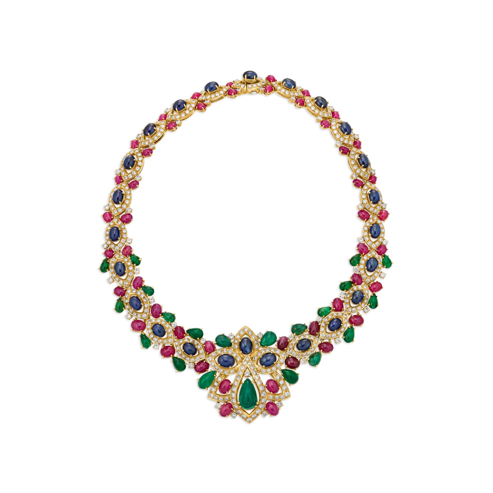 SET OF MULTI-GEM AND DIAMOND JEWELRY: Details Tumbled emeralds, oval cabochon sapphires, round diamonds, 18k yellow gold, signed Giovane, pendants detachable; accompanied by a necklace of pear cabochon emeralds, oval cabochon sapphires an