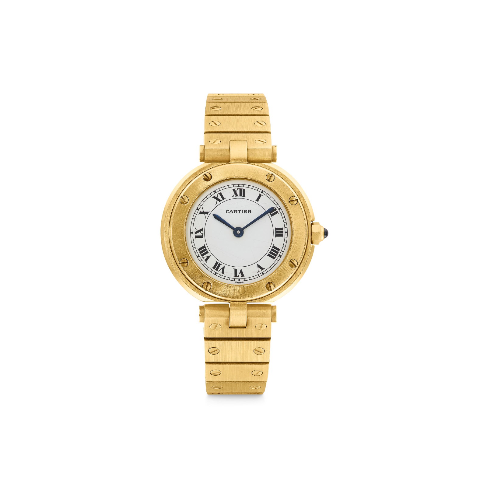 CARTIER GOLD ‘SANTOS VENDÔME' WRISTWATCH: Details Quartz movement, 18k yellow gold (Swiss mark), round sapphire cabochon, signed Cartier, Swiss, maker's mark (Les Must de Cartier), numbered Size/Dimensions: case 27 mm Gross Weight: 80.4 grams