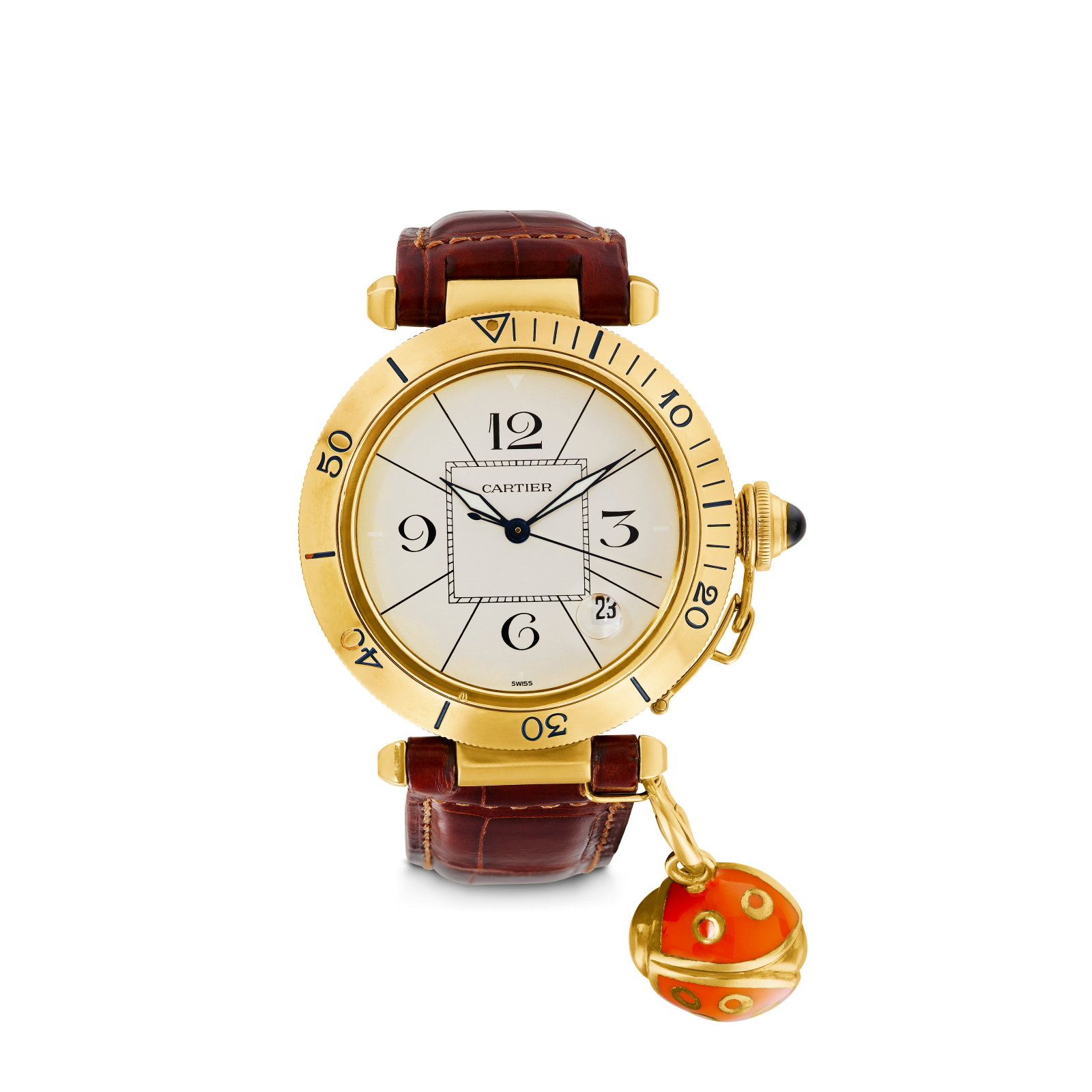 CARTIER YELLOW GOLD 'PASHA DE CARTIER' WRISTWATCH: Details Automatic movement, 18K yellow gold (Swiss marks), round sapphire cabochon, signed Pasha de Cartier, Swiss Made, maker's mark, numbered, 18k yellow gold (Italian marks), accompanied by a lady 