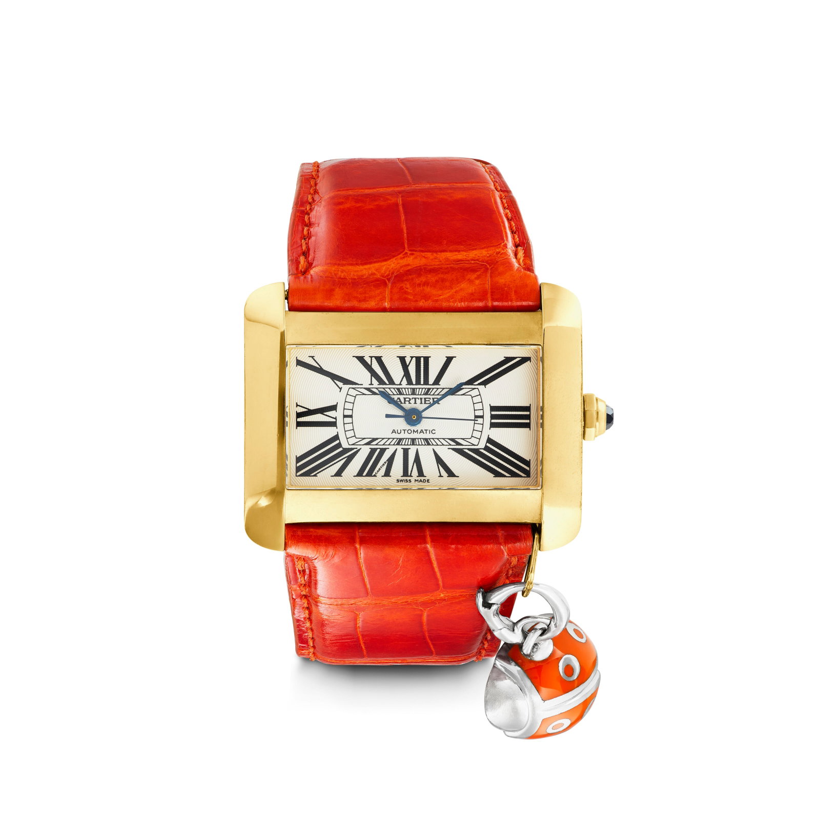 CARTIER GOLD 'TANK DIVAN' WRISTWATCH: Details Automatic movement, 18k yellow gold (Swiss mark), signed Cartier, Swiss Made, numbered, maker's mark, accompanied by a an 18k white gold, accompanied by a ladybug motif charm of sterling silve