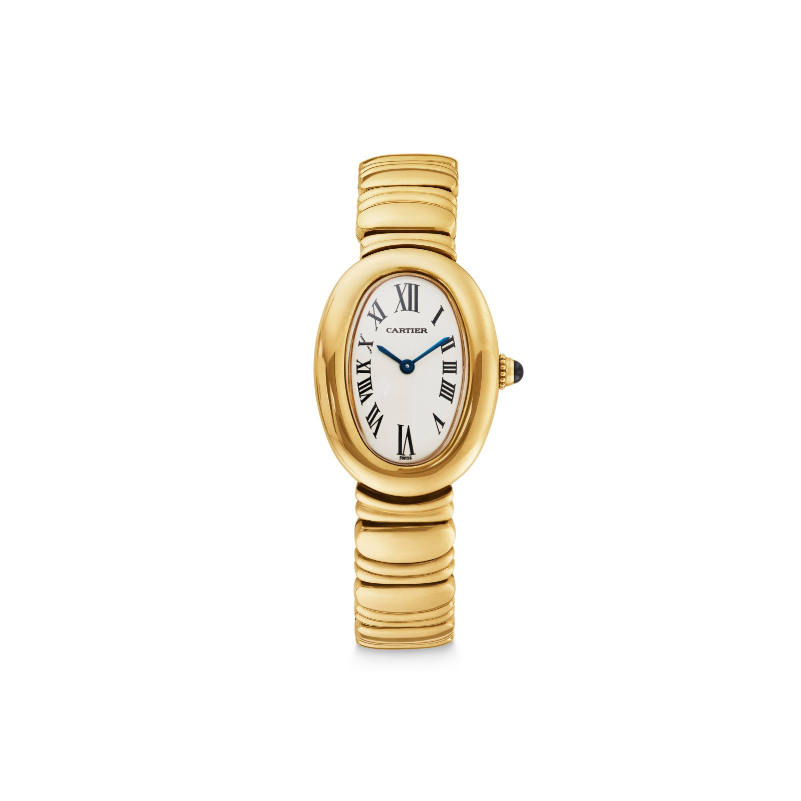 CARTIER GOLD AND SAPPHIRE 'BAIGNOIRE' WRISTWATCH: Details Quartz movement, round cabochon sapphire, 18k yellow gold, signed Cartier, Paris, Swiss Made, maker's mark (Société Anonyme Cartier), numbered Size/Dimensions: case 32 x 23 mm, brace