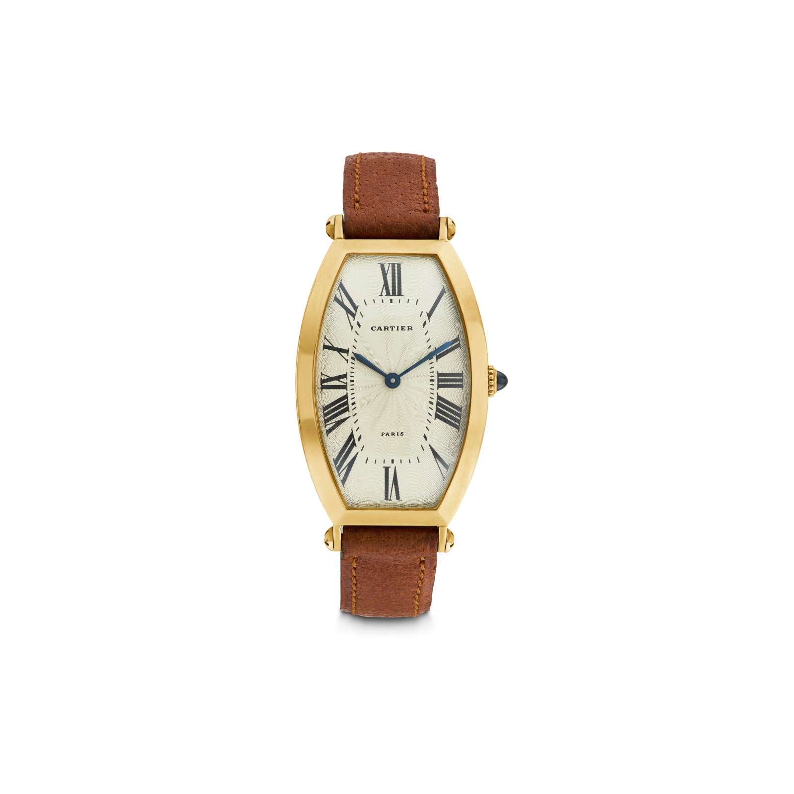 CARTIER GOLD ‘TONNEAU' WRISTWATCH: Details Mechanical movement, round sapphire cabochon, 18k yellow gold (Swiss and French marks), signed Cartier, Paris, numbered Size/Dimensions: case 39 x 26 mm Gross Weight: 35.6 grams