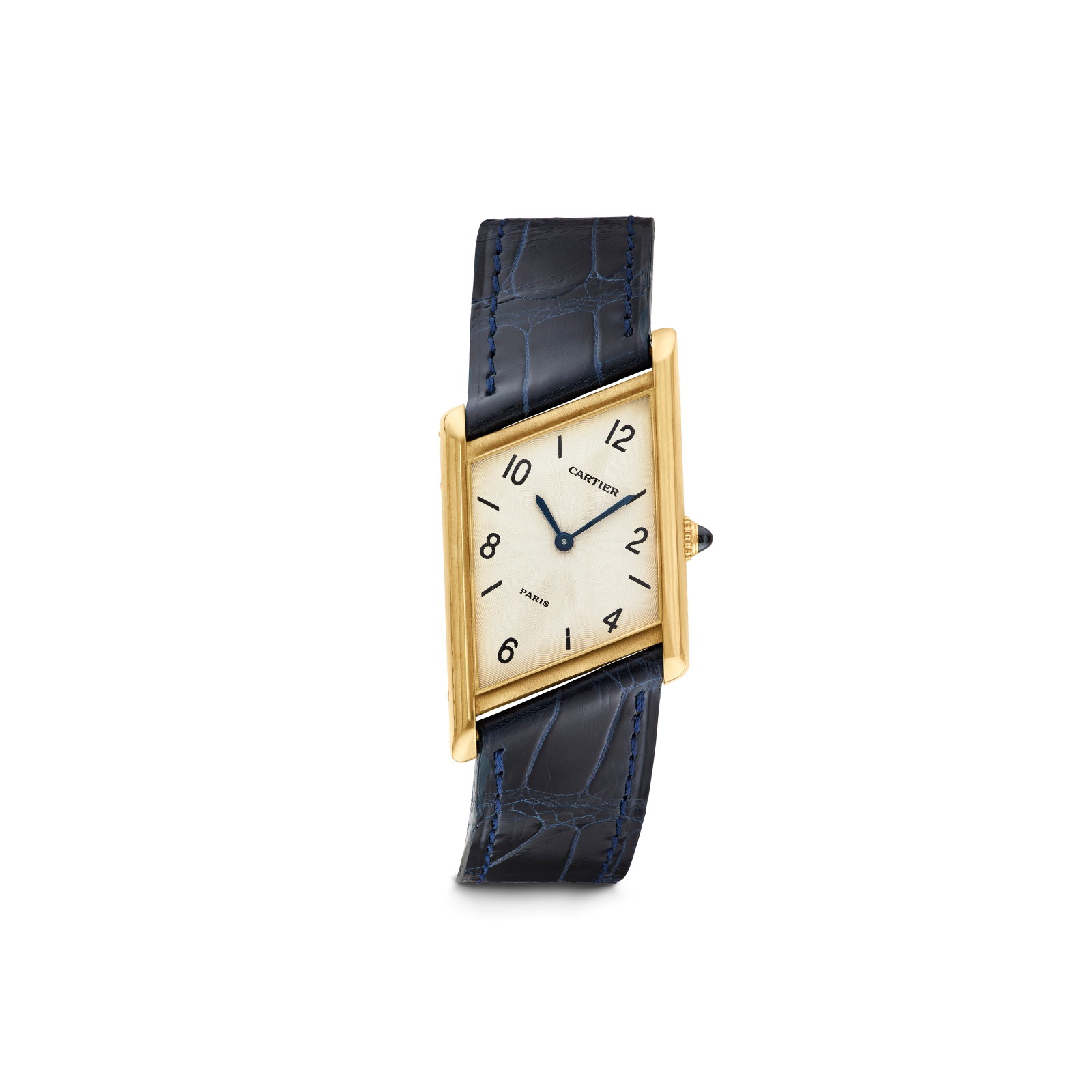 CARTIER GOLD 'TANK ASYMÉTRIQUE' WRISTWATCH: Details Manual movement, 18k gold (French and Swiss hallmarks), circa 1996, movement signed Cartier, Swiss, reference 2488, numbered 009/300, A 113262 Size/Dimensions: case 23 x 35 mm Gross Weight: 47