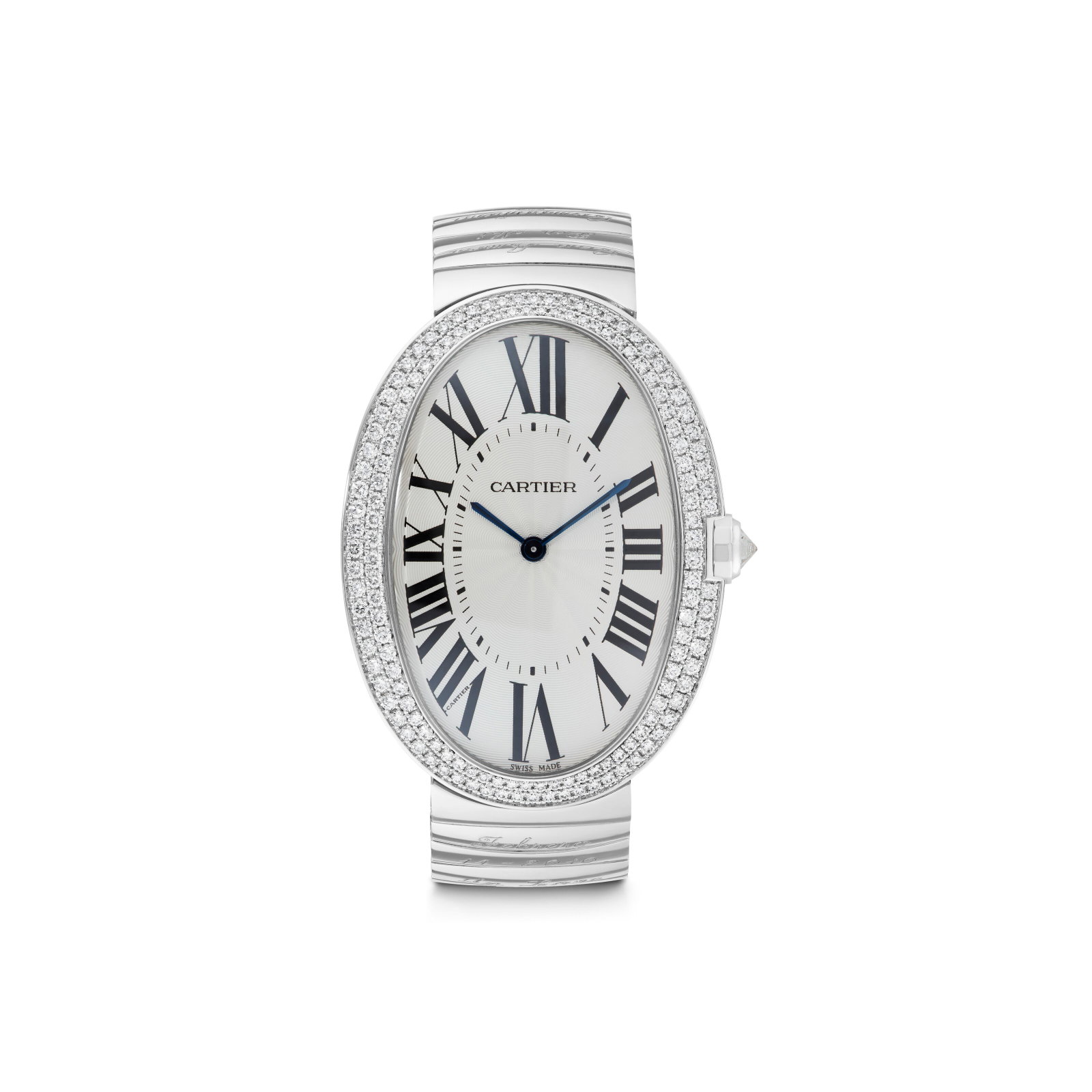 CARTIER DIAMOND 'BAIGNOIRE' WRISTWATCH: Details Automatic movement, round and inversely-set diamonds, 18k white gold (Swiss marks), signed Cartier, Swiss Made, maker's marks (Société Anonyme Cartier), numbered Diamonds: approximat