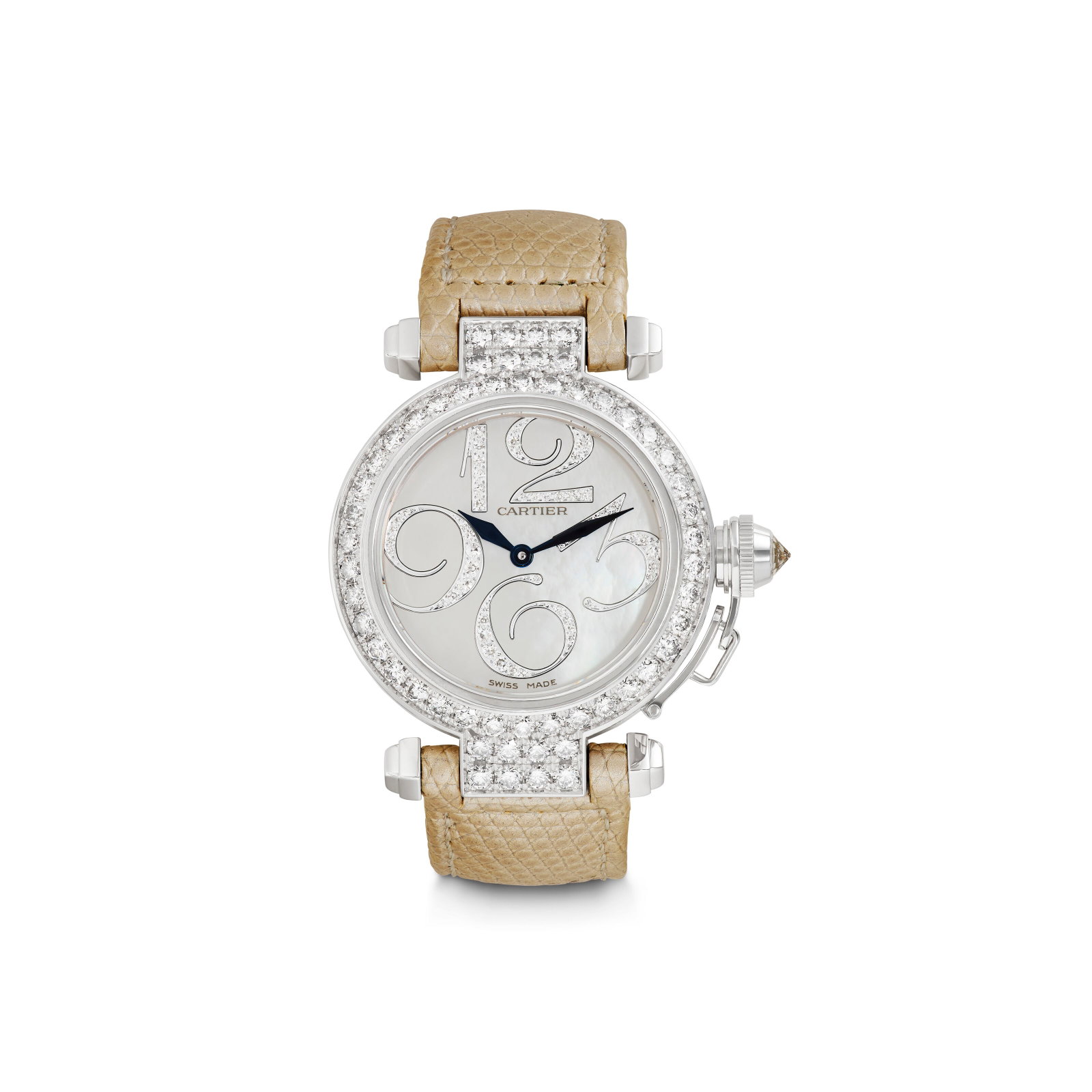 CARTIER DIAMOND, MOTHER-OF-PEARL AND WHITE GOLD ‘PASHA DE CARTIER' WRISTWATCH (1 of 4)