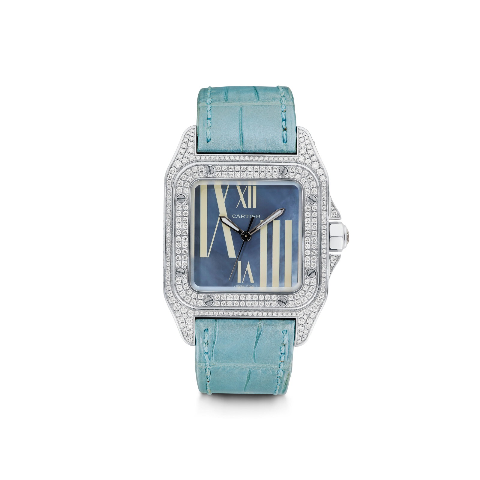 CARTIER MOTHER-OF-PEARL AND DIAMOND 'SANTOS 100' WRISTWATCH: Details Automatic movement, mother-of-pearl dial, round diamonds, 18k white gold (Swiss mark), case signed Cartier, Swiss Made, maker's mark (Société Anonyme Cartier), case numbered Diamonds