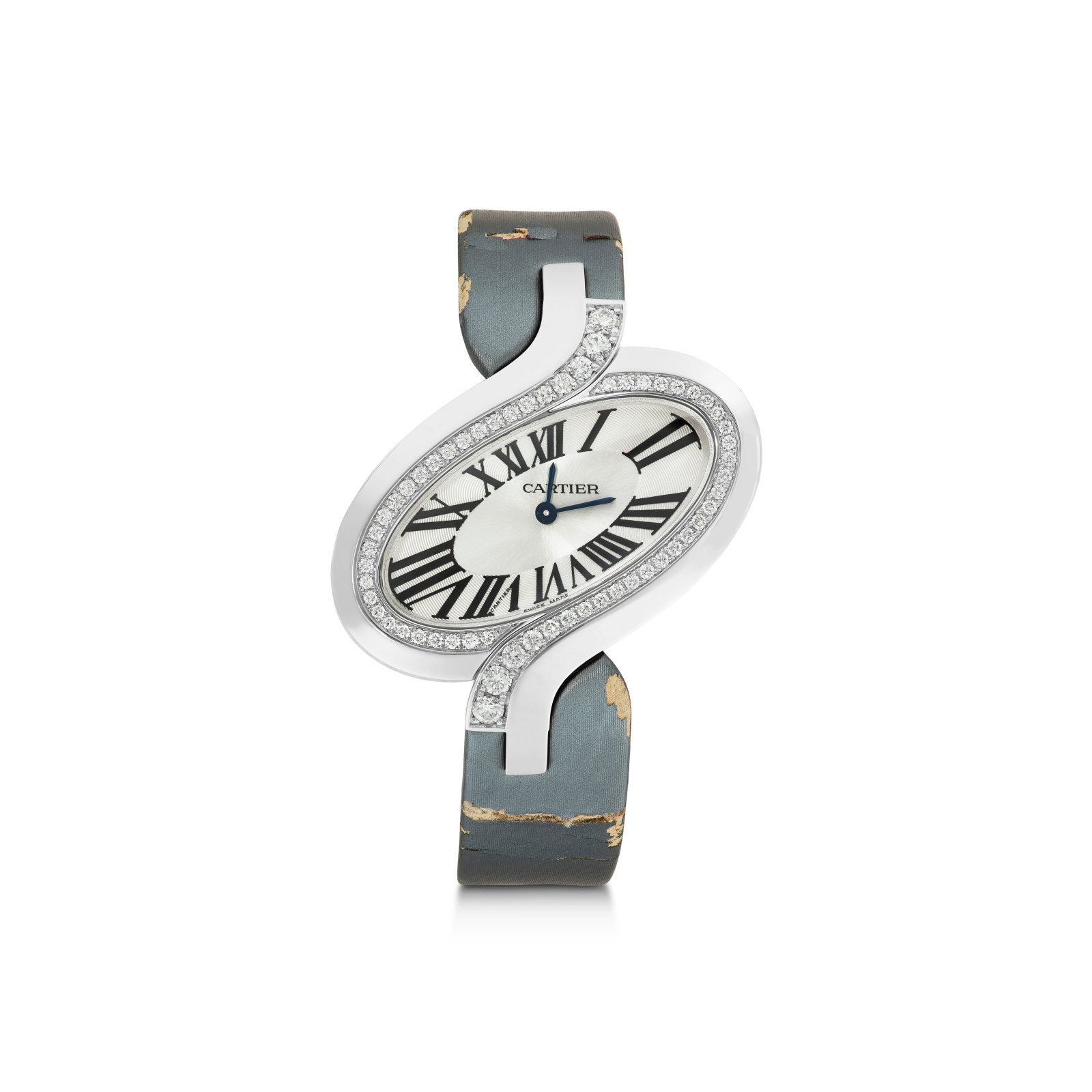 CARTIER DIAMOND AND WHITE GOLD 'DELICES' WRISTWATCH: Details Quartz movement, round diamonds, 18k white gold (Swiss mark), signed Cartier, Swiss made, numbered, maker's mark (Société Anonyme Cartier), strap in fair to poor condition Size/Dimen