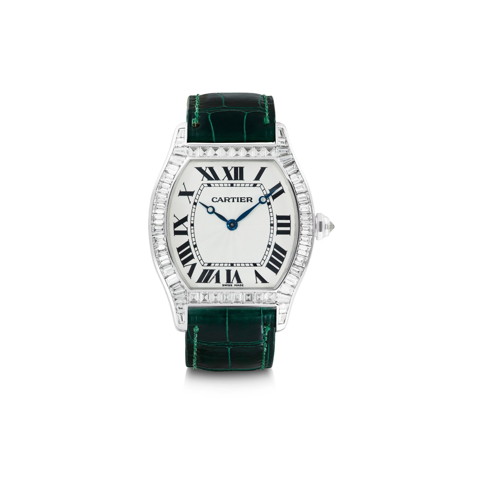 CARTIER DIAMOND AND GOLD 'TORTUE' WRISTWATCH: Details Manual-winding movement, baguette, tapered-baguette and square-shaped diamonds, 18k white gold (Swiss mark), signed Cartier, Swiss Made, numbered, maker's mark (Société Anonyme Carti