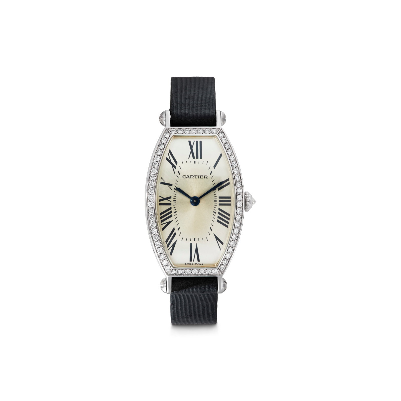 CARTIER DIAMOND AND WHITE GOLD ‘TONNEAU' WRISTWATCH: Details Manual movement, inversely-set and round diamonds, 18k white gold (Swiss marks), dial, case, deployant clasp and black satin strap each signed Cartier, case with maker's marks (Sociét