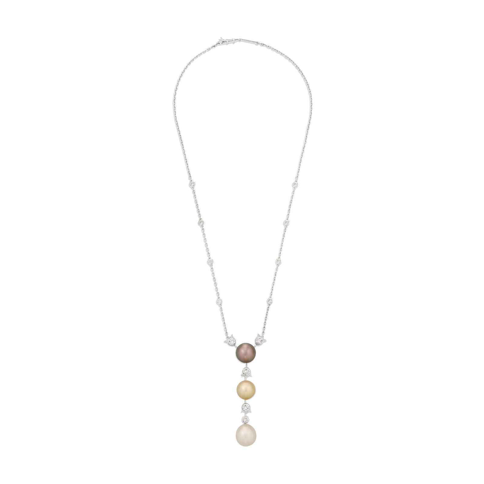 CARTIER CULTURED PEARL AND DIAMOND NECKLACE: Details Round gray cultured pearl of approximately 11.83 mm, round golden cultured pearl of approximately 10.97 mm, near round cultured pearl of approximately 13.50 x 11.88 mm, round diamonds, 18k whi