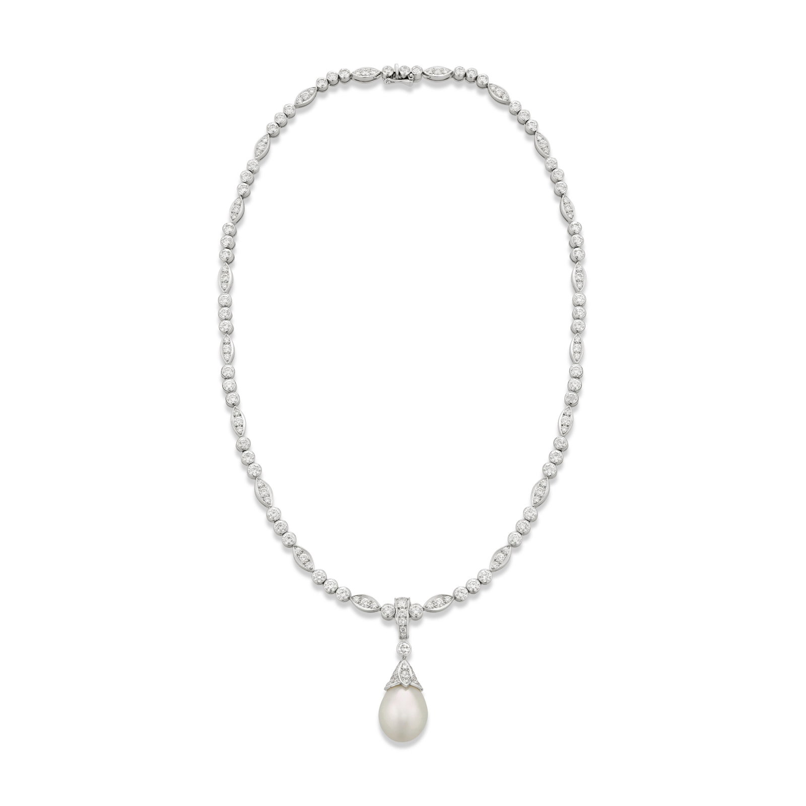 CARTIER SET OF CULTURED PEARL AND DIAMOND JEWELRY: Details Baroque cultured pearls each measuring approximately 14.90 x 13.11, 14.85 x 12.94 and 14.68 x 12.90 mm, round cultured pearls measuring approximately 12.54 - 12.50 mm, round diamonds, platinum