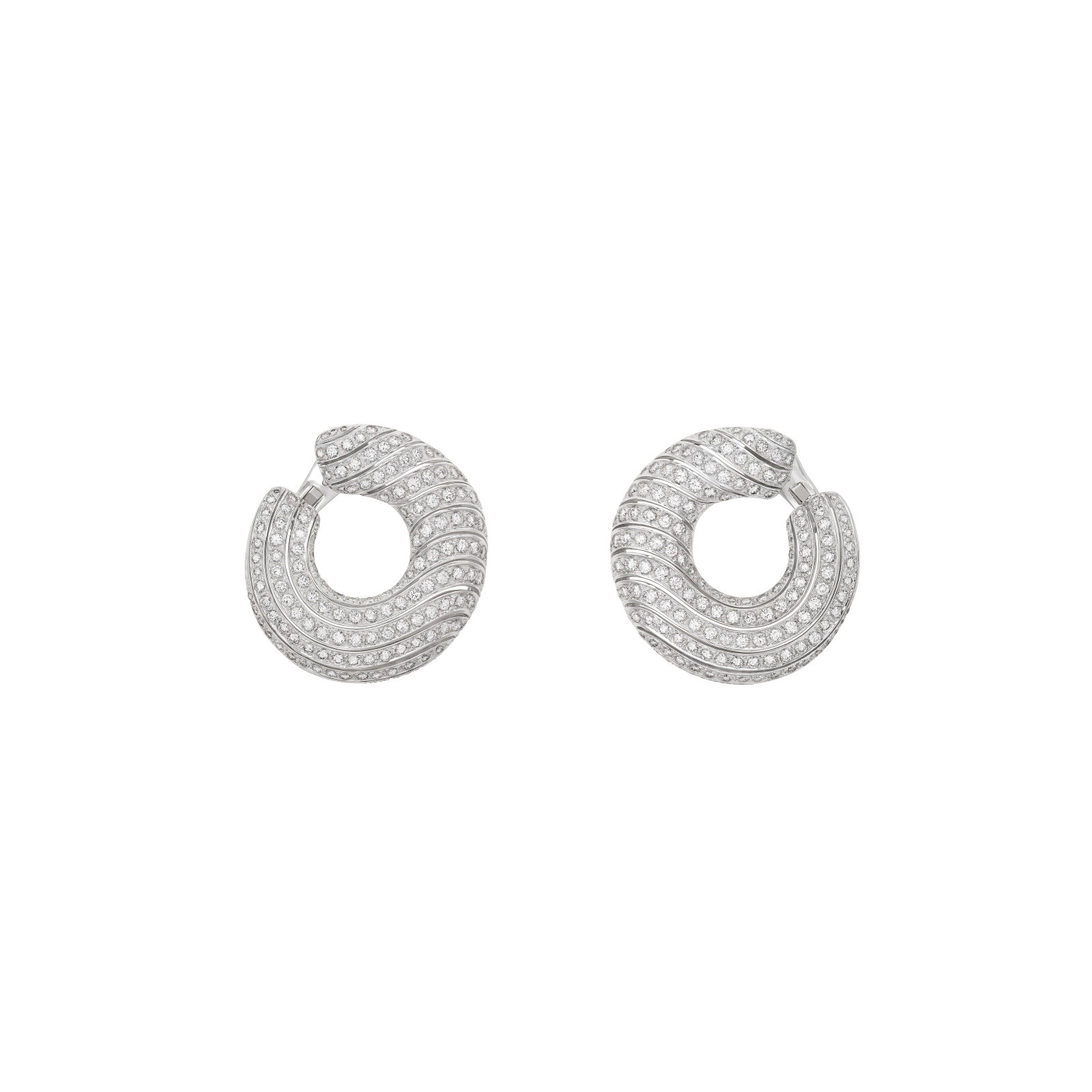 CARTIER DIAMOND ‘CREOLE' EARRINGS: Details Round diamonds, 18k white gold (French marks), signed Cartier, maker's mark, numbered Cartier, 1998: Copy of Valuation for Insurance Diamonds: approximately 304 round with an approximate total